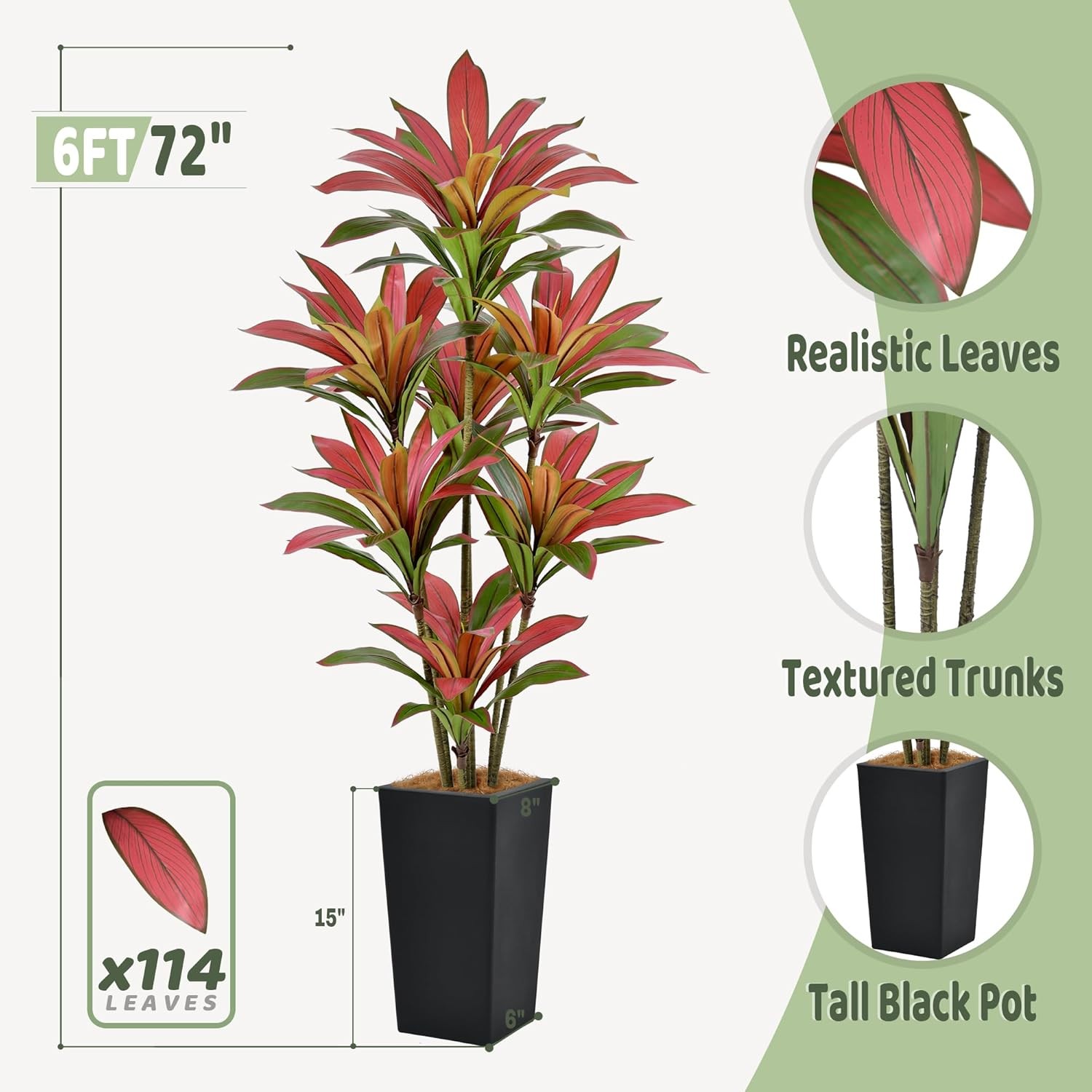 Artificial Red Dracaena Tree 6FT with 114 Leaves & 7 Heads & Black Tall Planter