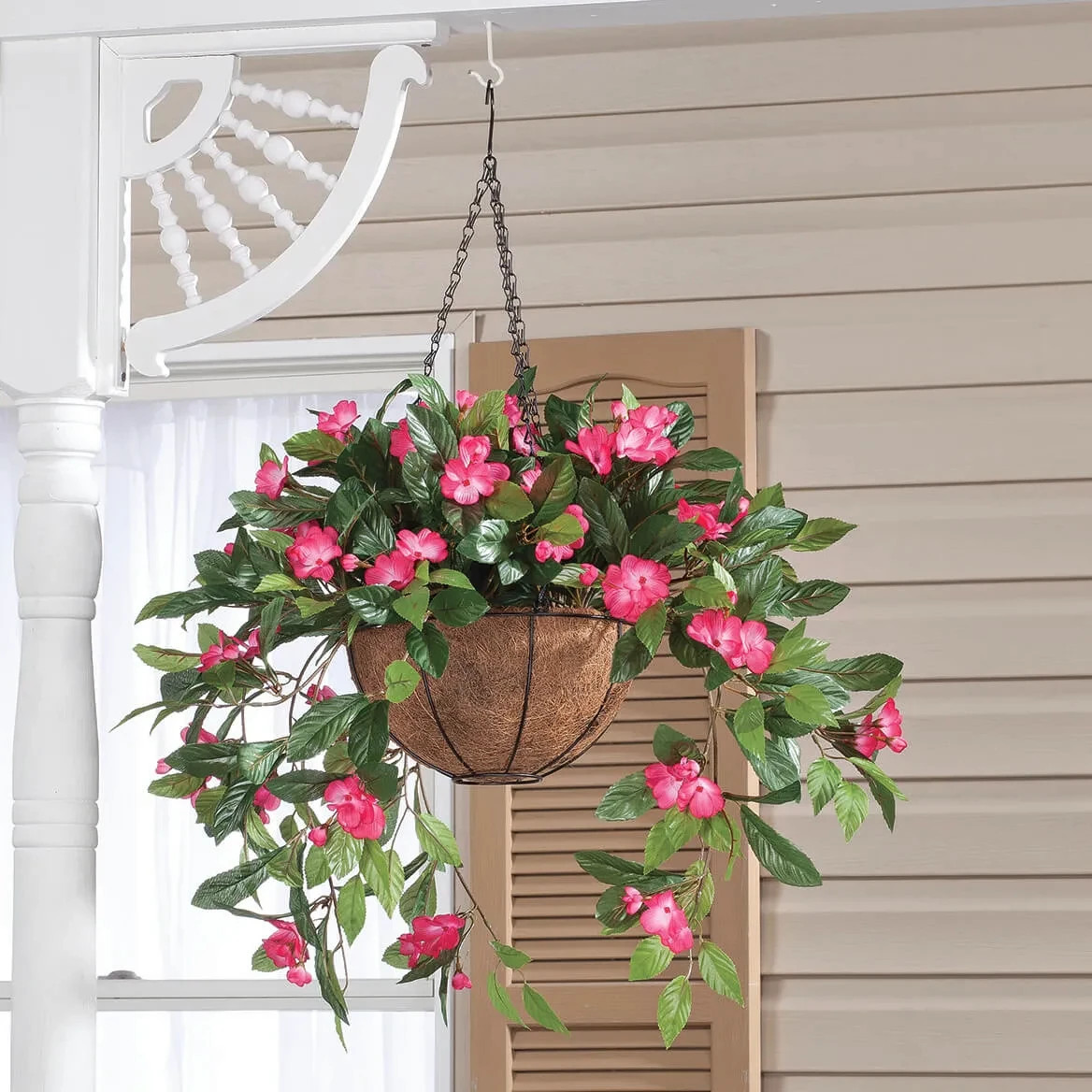 Large Artificial Pink Impatiens Hanging Basket Indoor Outdoor Patio Garden Decor