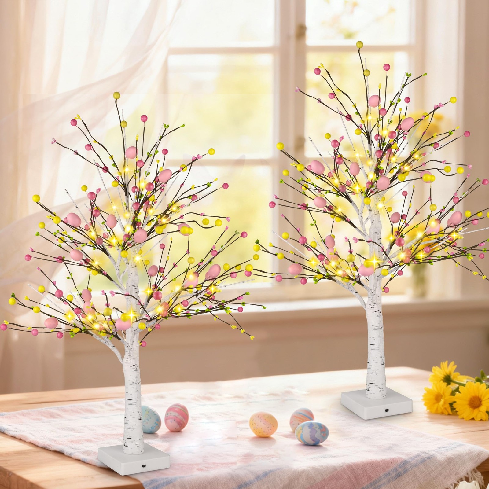 Easter Decorations, 2 Pcs Pre-lit 24 Inch Easter Egg Tree with 24 LED Lights, Ba
