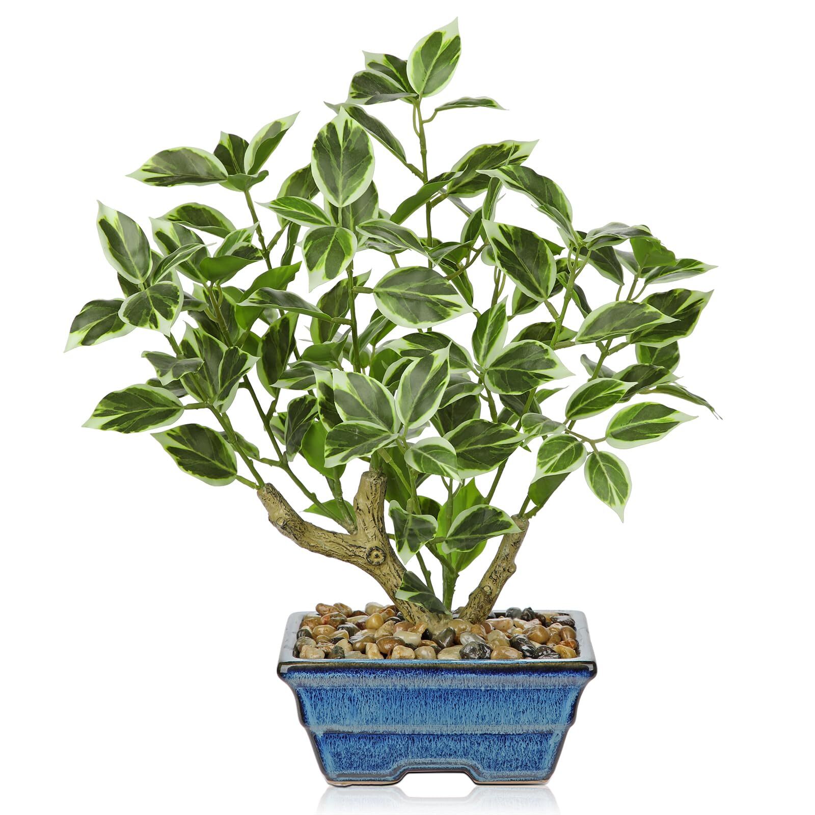 15″ Artificial Bonsai Tree Blue Ceramic Pot Fake Plants Kitchen Office Decor