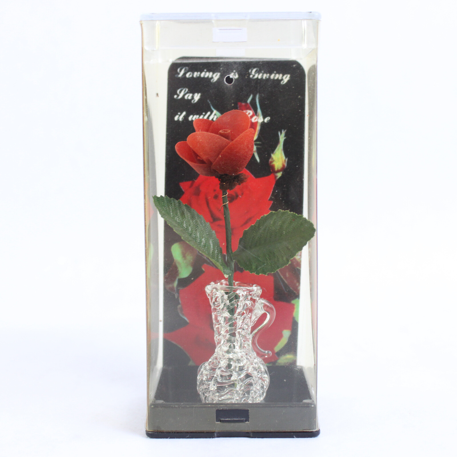 Everlasting Red Wooden Rose In Spun Glass Vase 4″ Tall