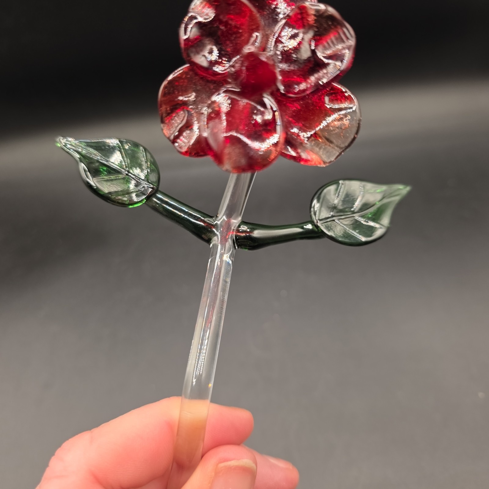 Glass Long Stem Red Rose with Green Leaves 10″ Applied Blown