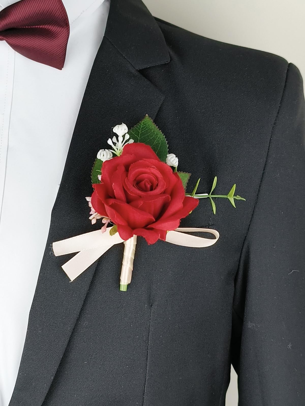 Red Wrist Corsage And Boutonniere Set Artificial Rose Groom Groomsmen Event