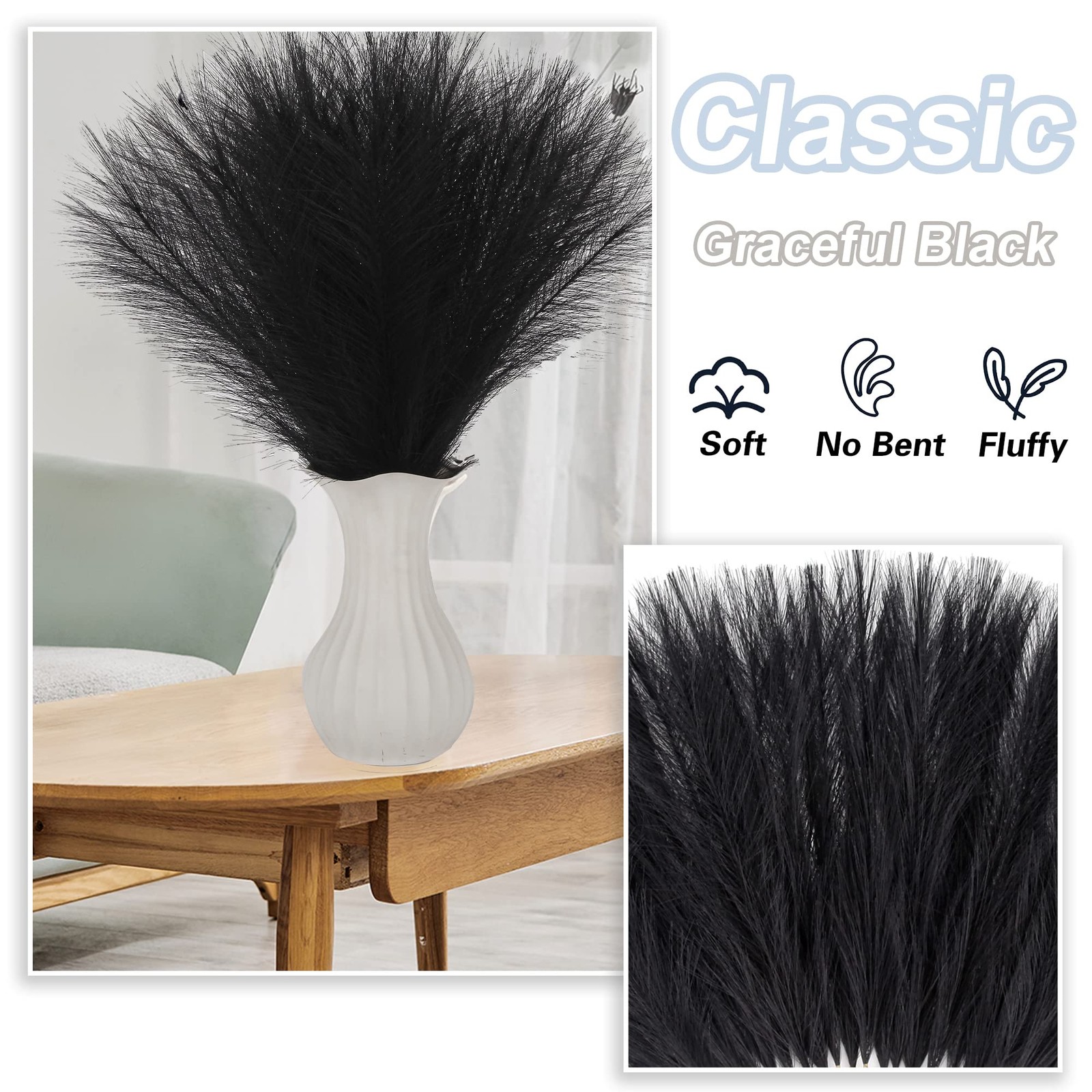 Black Pampas Grass Small, 30 Pcs 17″ Faux Pampas Grass Short Decor, Pompas Gr…
