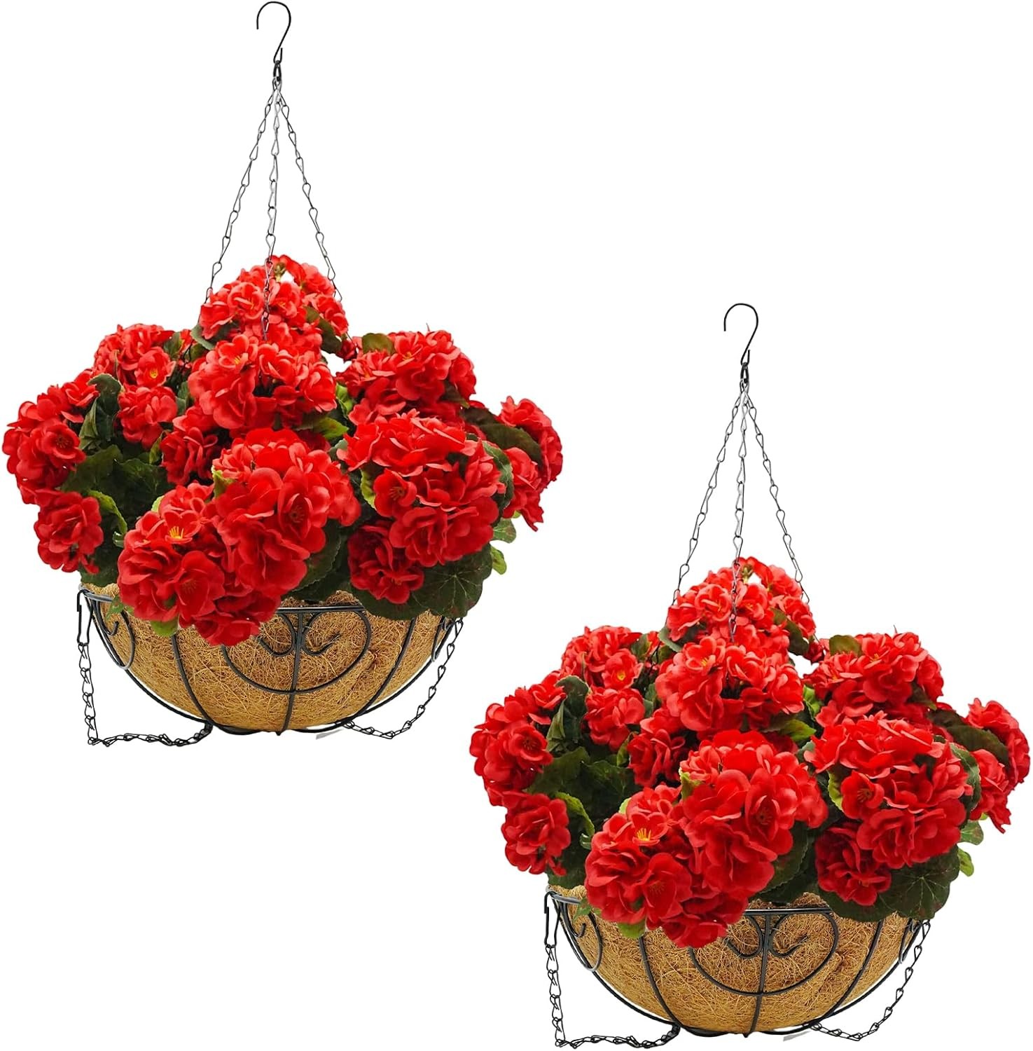 2 x Red Artificial Geranium Hanging Basket,Outdoor Christmas Porch Garden Decor