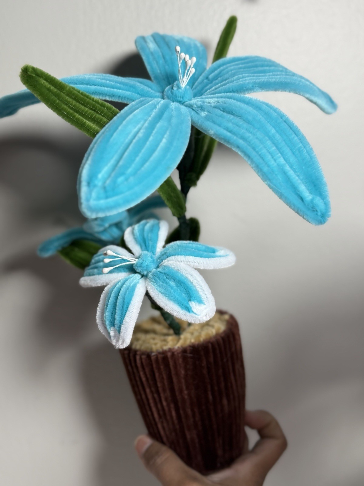 Artificial Blue Lily Flower Arrangement in Brown Pot Silk Plastic Centerpiece