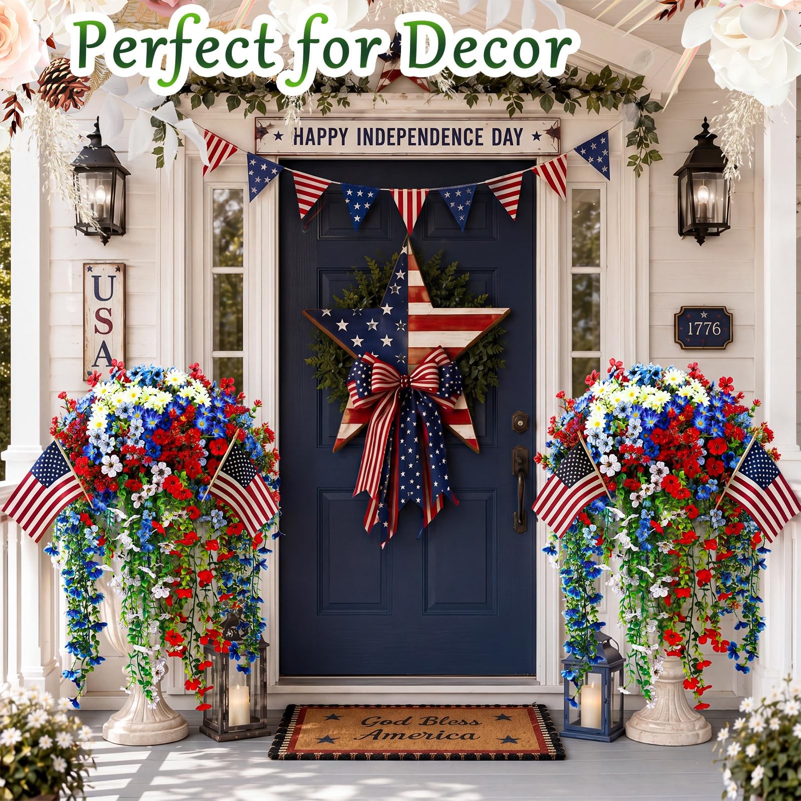 30 Pcs Red White and Blue Artificial Flowers for Outdoors, Faux Patriotic Flo…