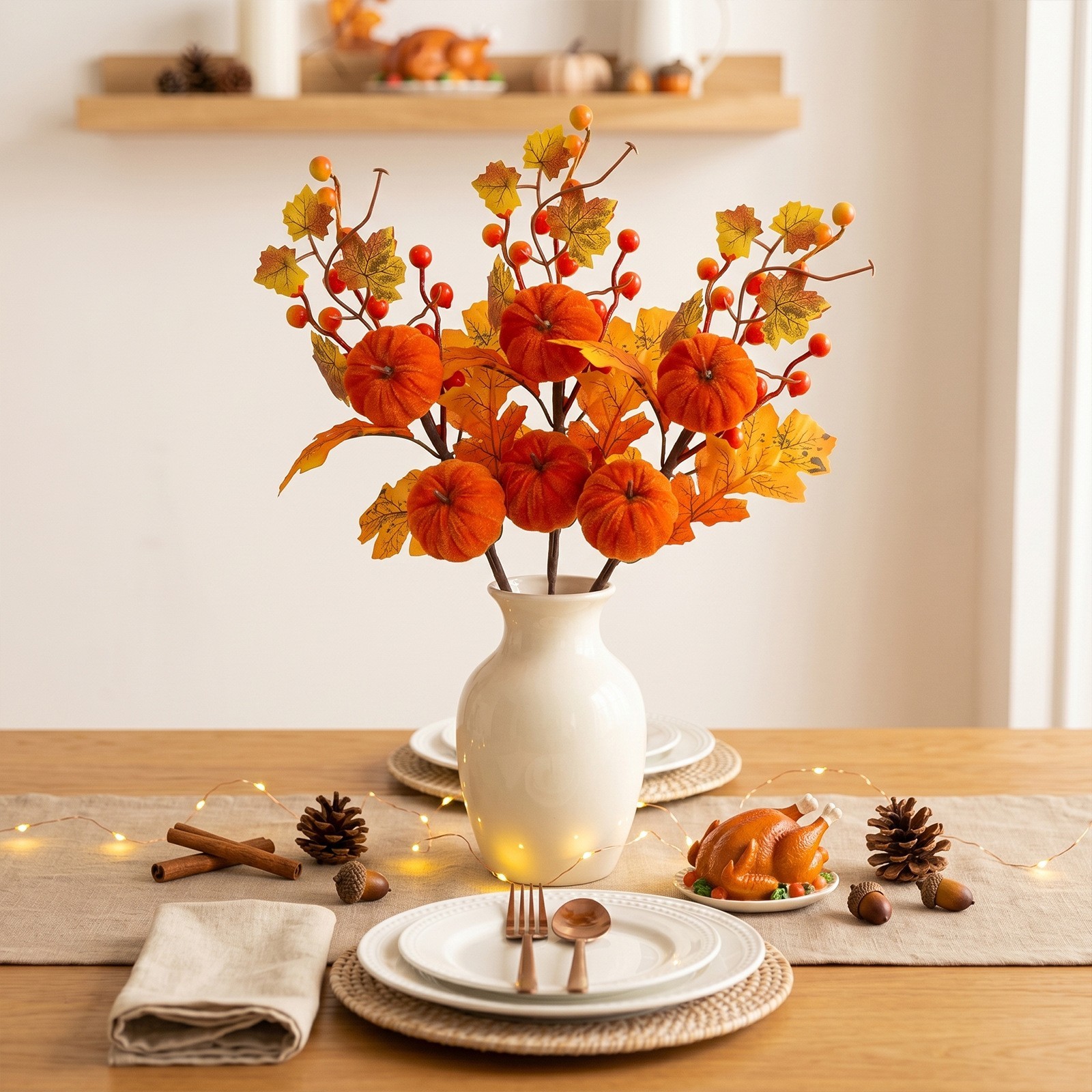 Orange Pumpkin Floral Picks 45cm 3 Pack with Realistic Maple Leaves Berries