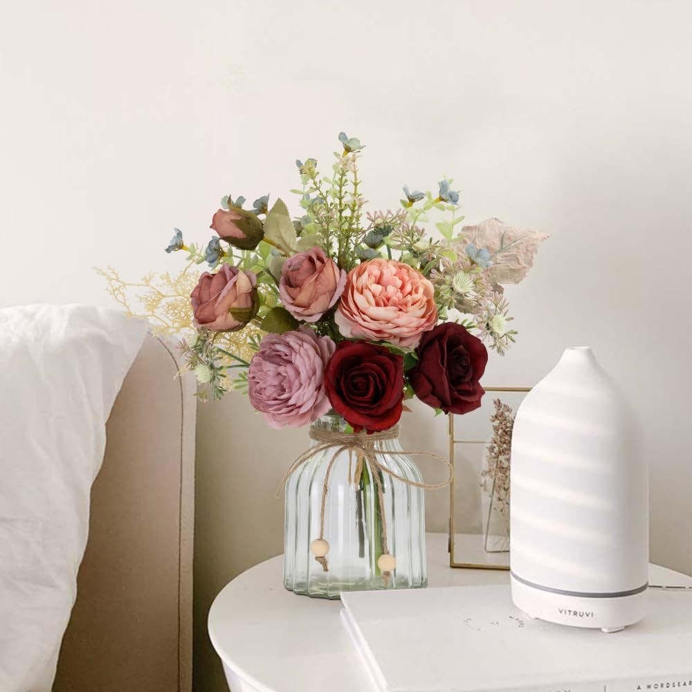 LESING Fake Artificial Flowers with Vase Faux Silk Flower Bouquet in Glass Vase