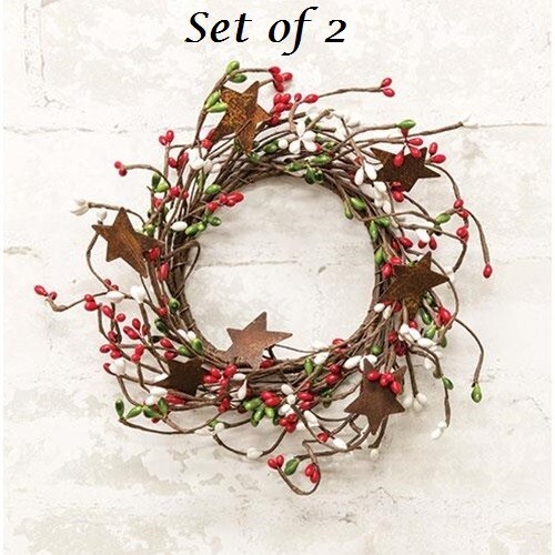 NEW Farmhouse Berry Wreath Candle Rings 2pc Rust Stars 4″ Red Green White Pips