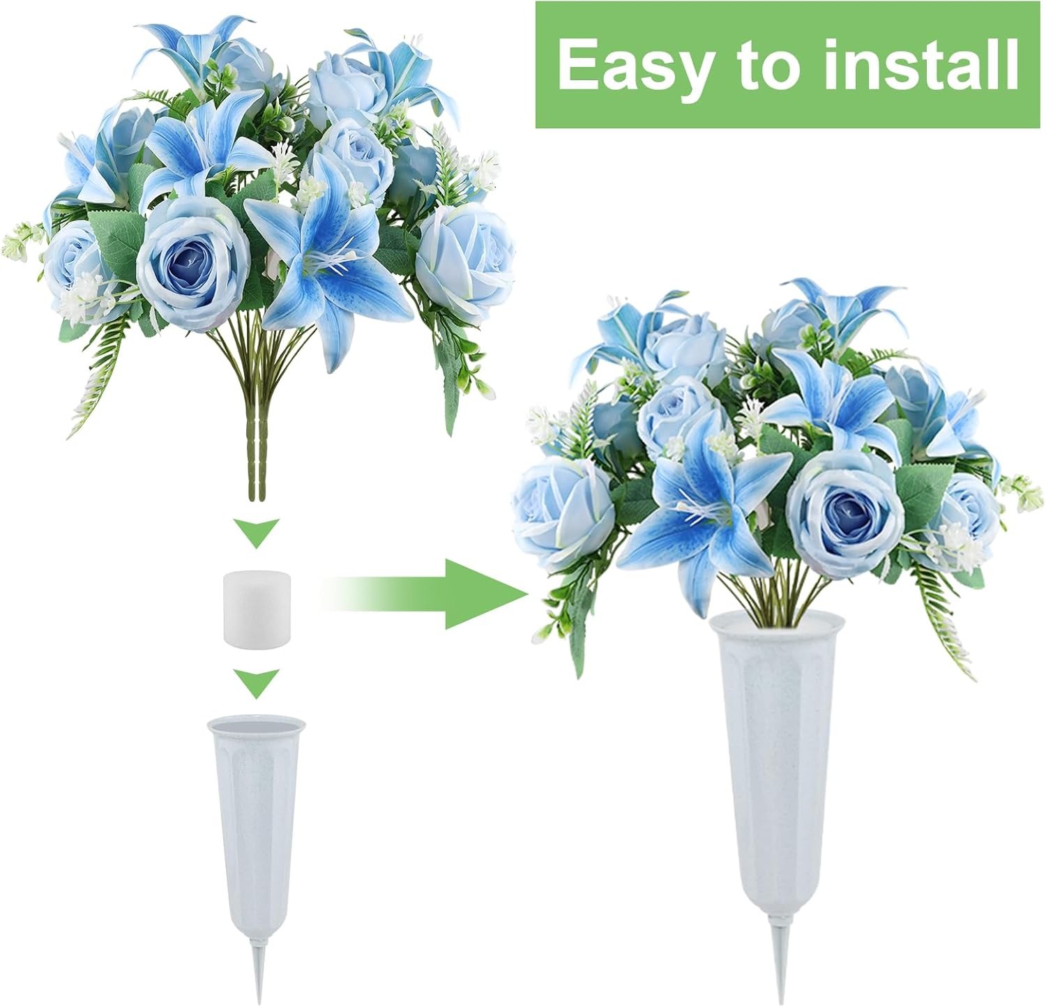 2 Set Artificial Cemetery Flowers with Grave Vase-2 Bunches Lilies & Rose Mixed