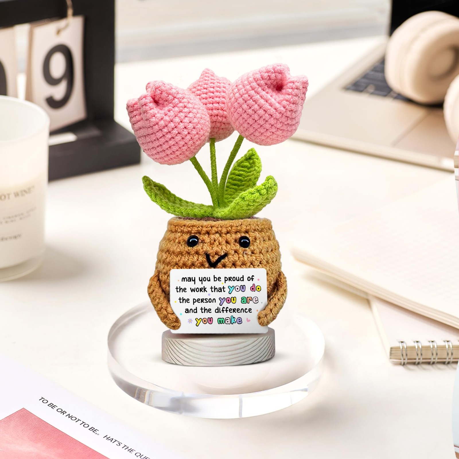 Handmade Tulip Crochet Flower Desk Plant Inspirational Gift For Coworker Appreci
