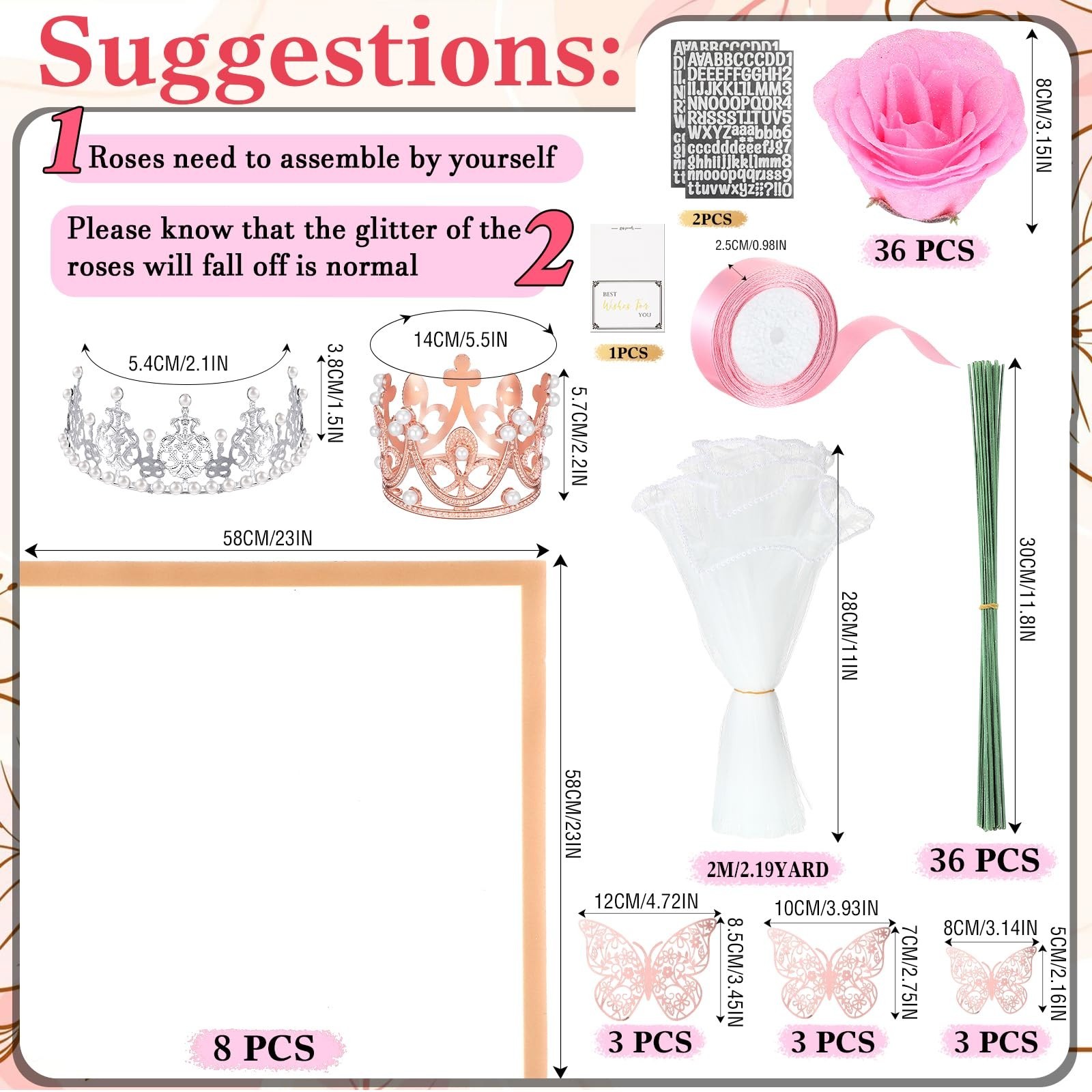 36 Pcs Pink Glitter Roses Bouquet Kit – DIY Flowers, Wrapping Paper & 3D Butterf
