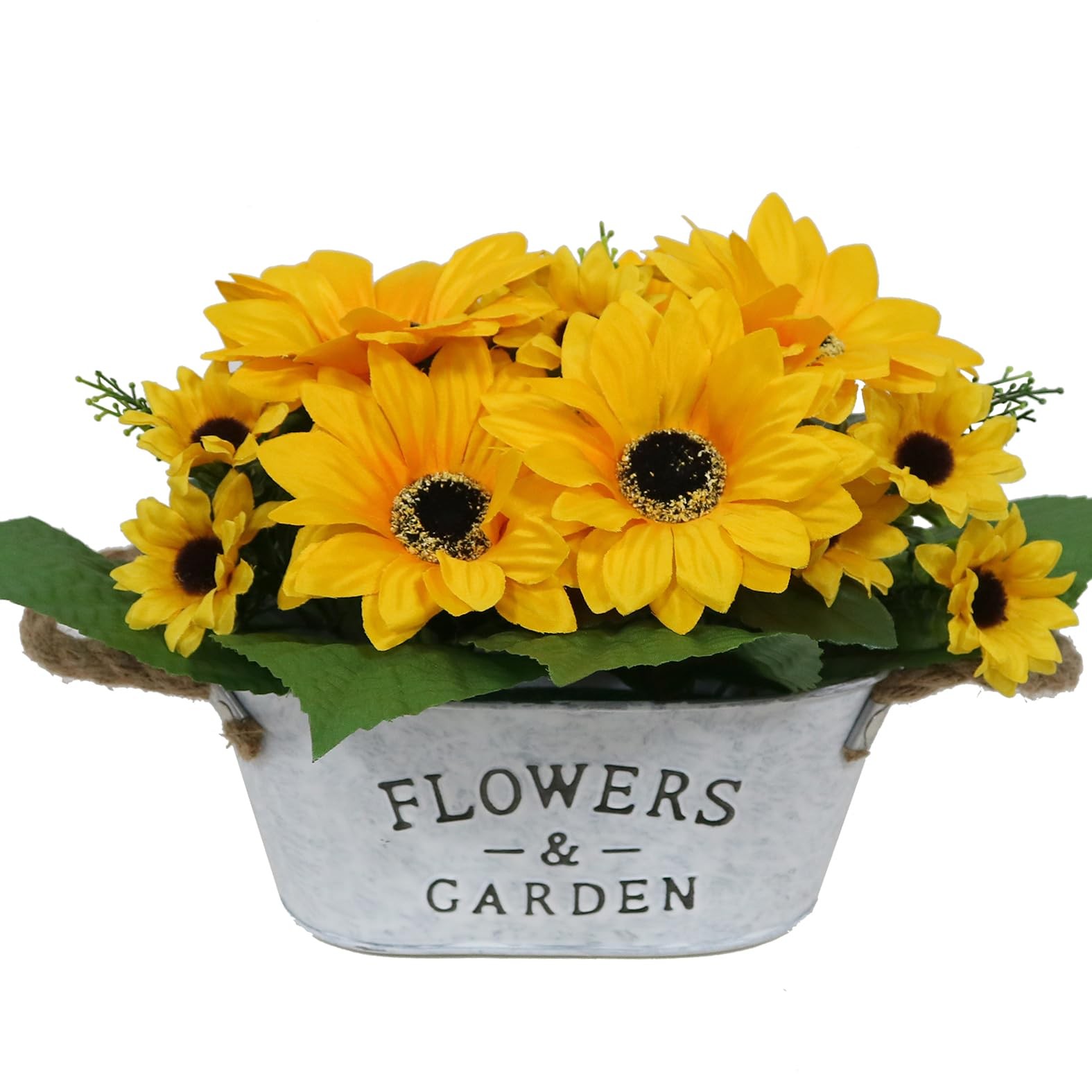 Artificial Flowers in Pot 8″ Tall Faux Silk Sunflowers with Metal Planter, Fa…