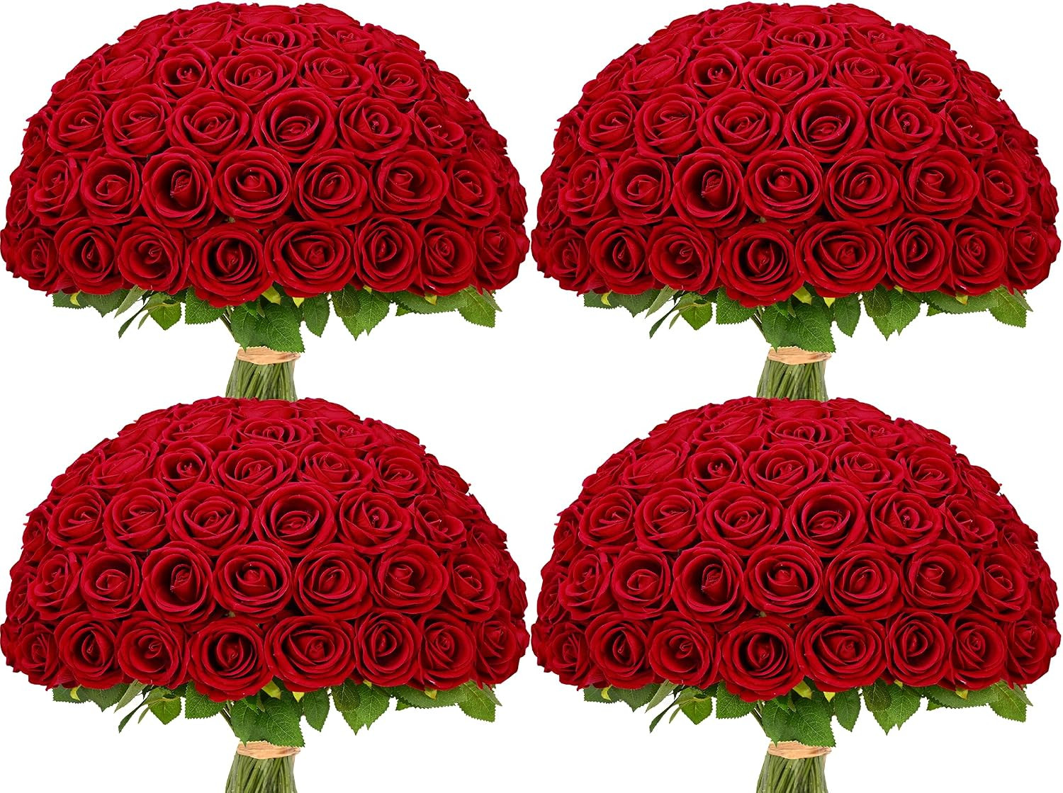 100 Pcs Red Roses Artificial Flowers Bulk, Real Touch Velvet Roses with Wrapping