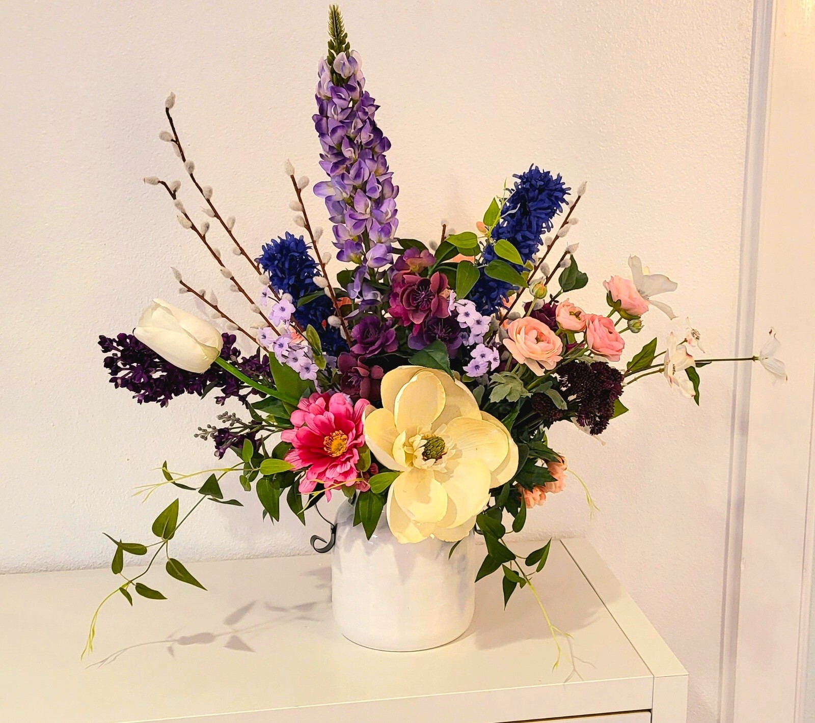 “Wildflower Meadow” Colorful Faux Floral Arrangement w/ Large Southern Magnolia