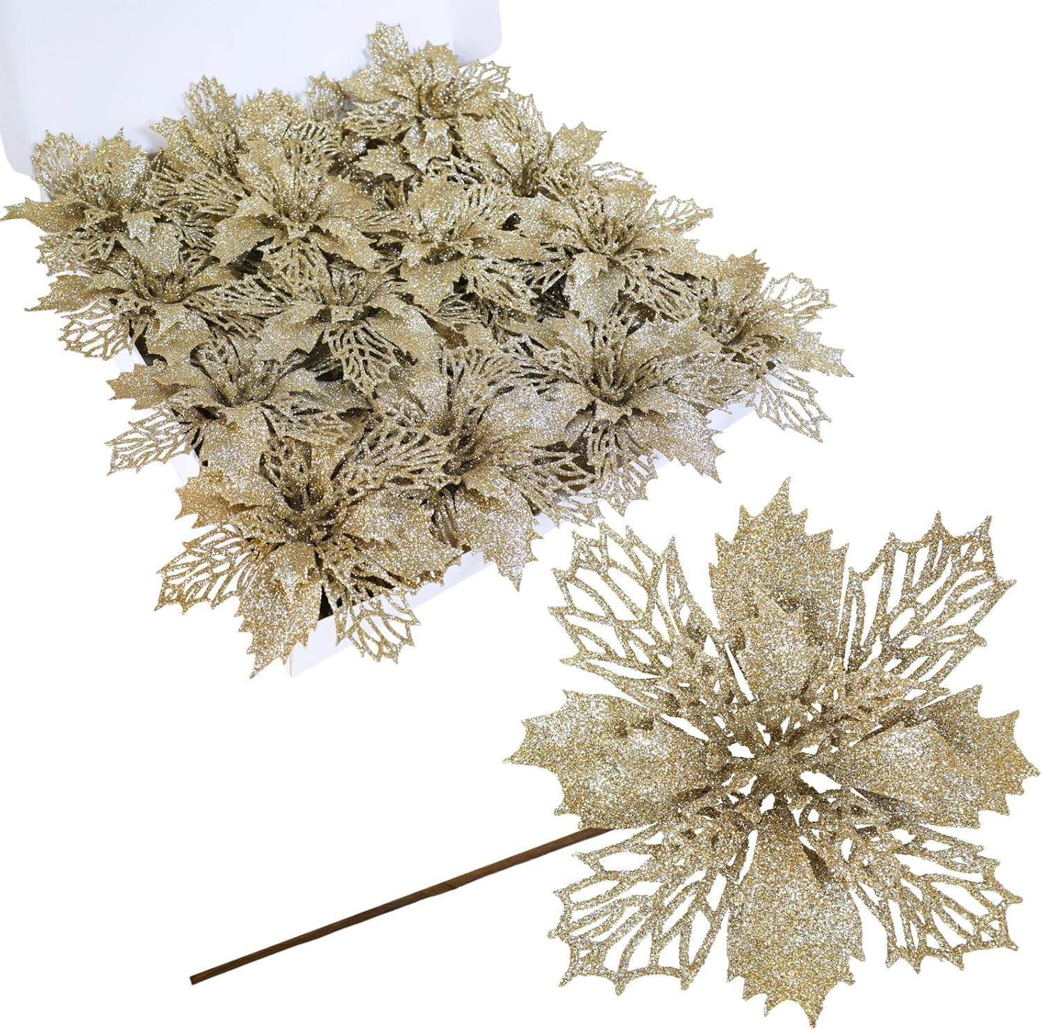 24 Pcs Champagne Glitter Poinsettia Picks 5.9” w/ Stems Tree Wreath Garland Xmas