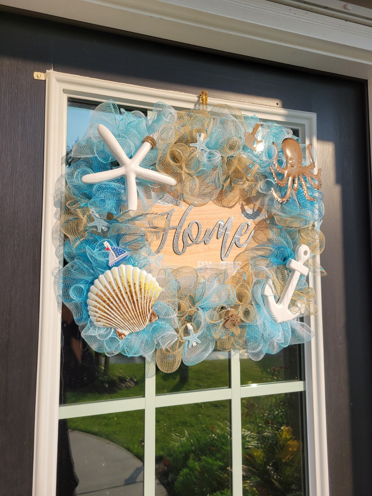 HOME by The Sea Coastal Spring Summer Mesh Front Door Wreath Wall Decor Beach