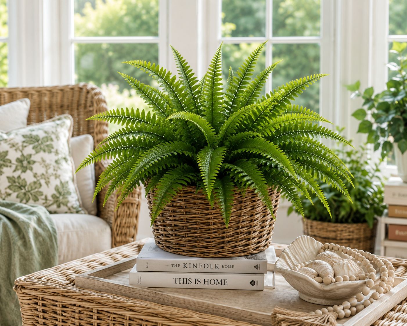 Artificial Boston Fern Bush 20 Inch Faux Fern Plant Hanging Basket Filler Plant