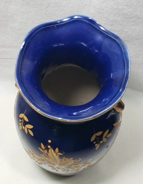 Hand-painted Dark Blue With Gold Floral Porcelain Vase Double Handle