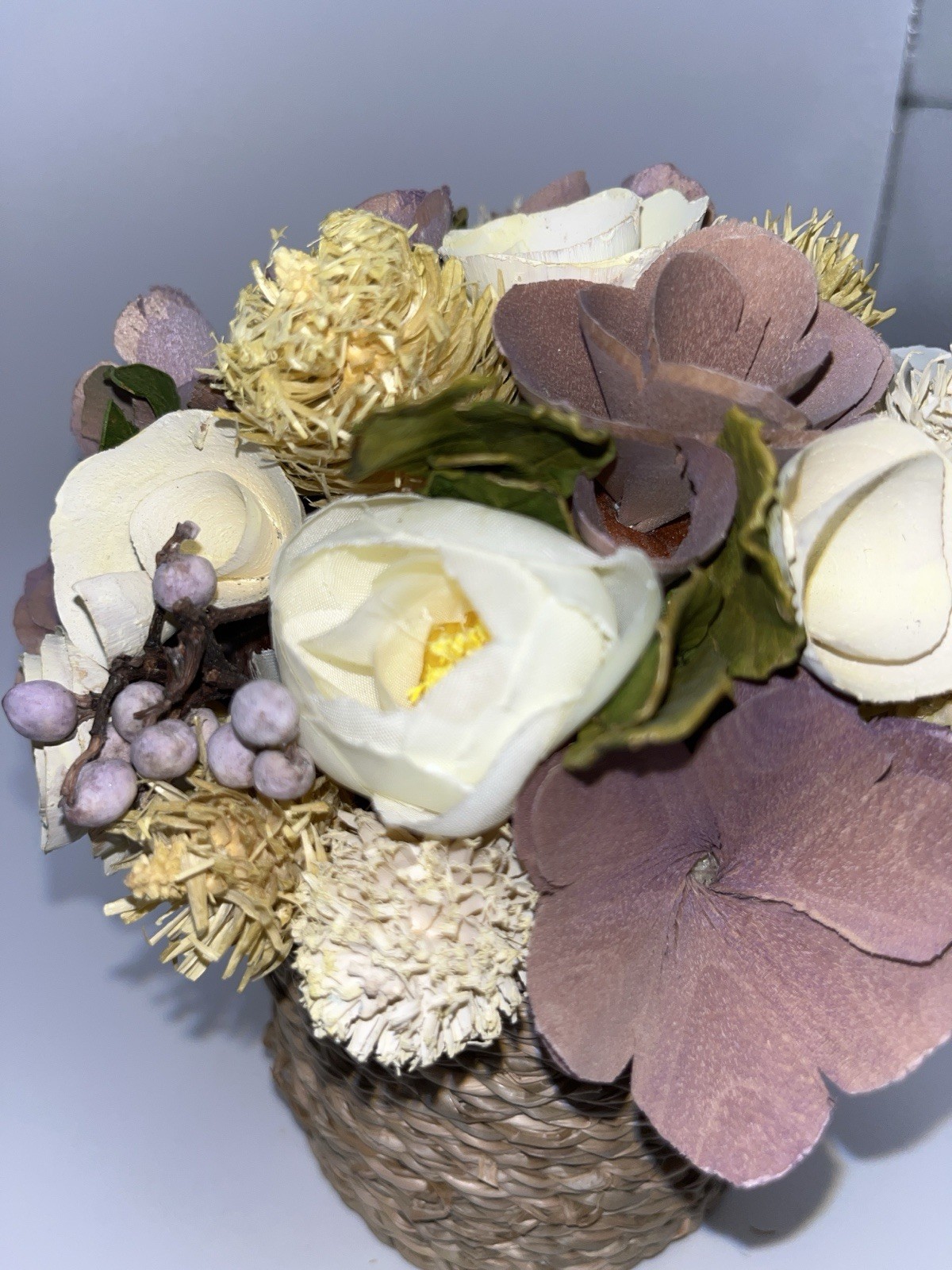 Sola Wood Rose Floral Arrangement Lavender Mauve Ivory Faux Flower Weave Basket