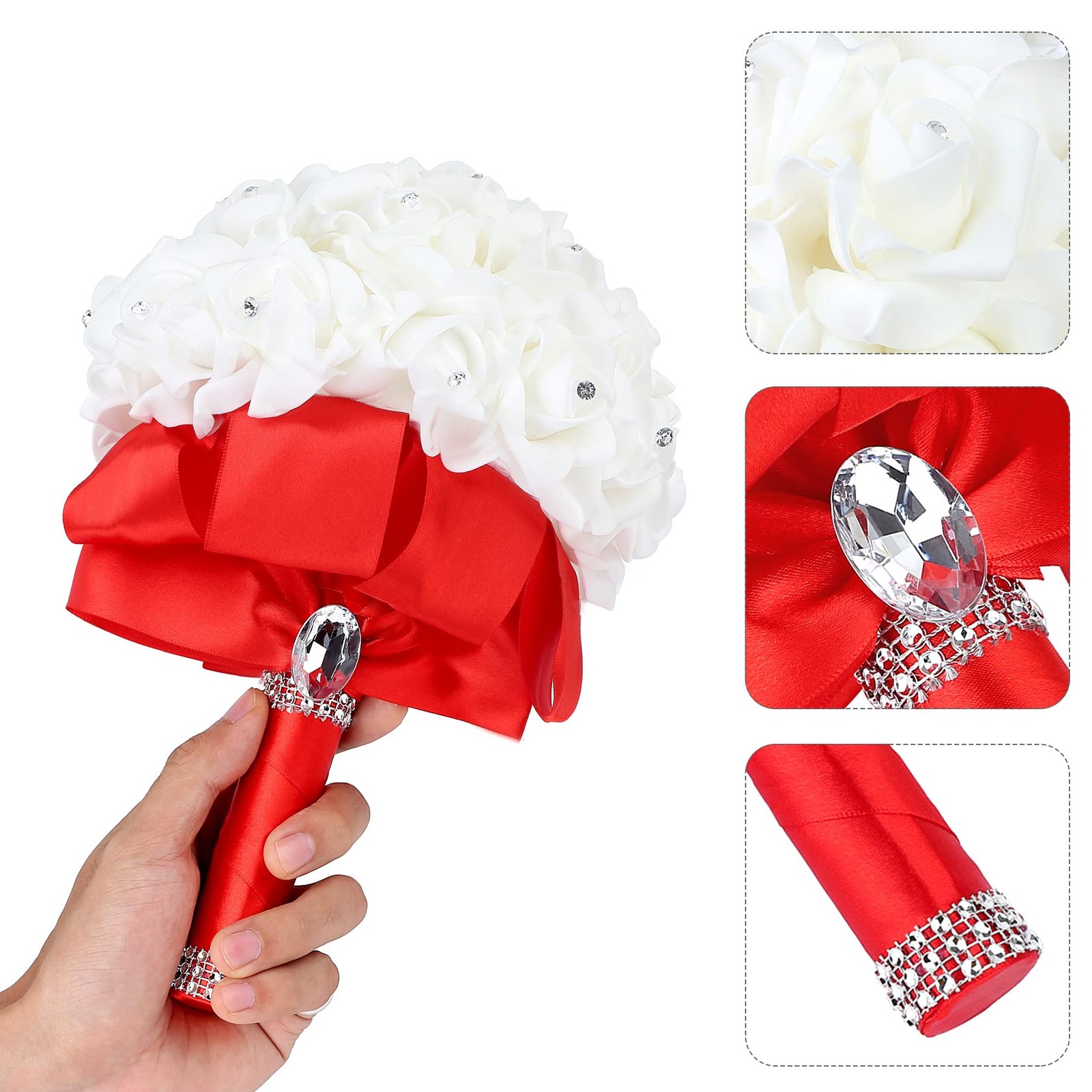 Wedding Bouquet Red Bridesmaid Bridal Crystals Soft Ribbons Artificial Flowers
