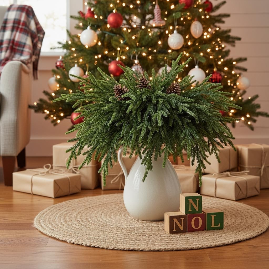 12 Pcs Norfolk Pine Stems with 5 Pcs Pine Cones 18″, Greenery Artificial Real…