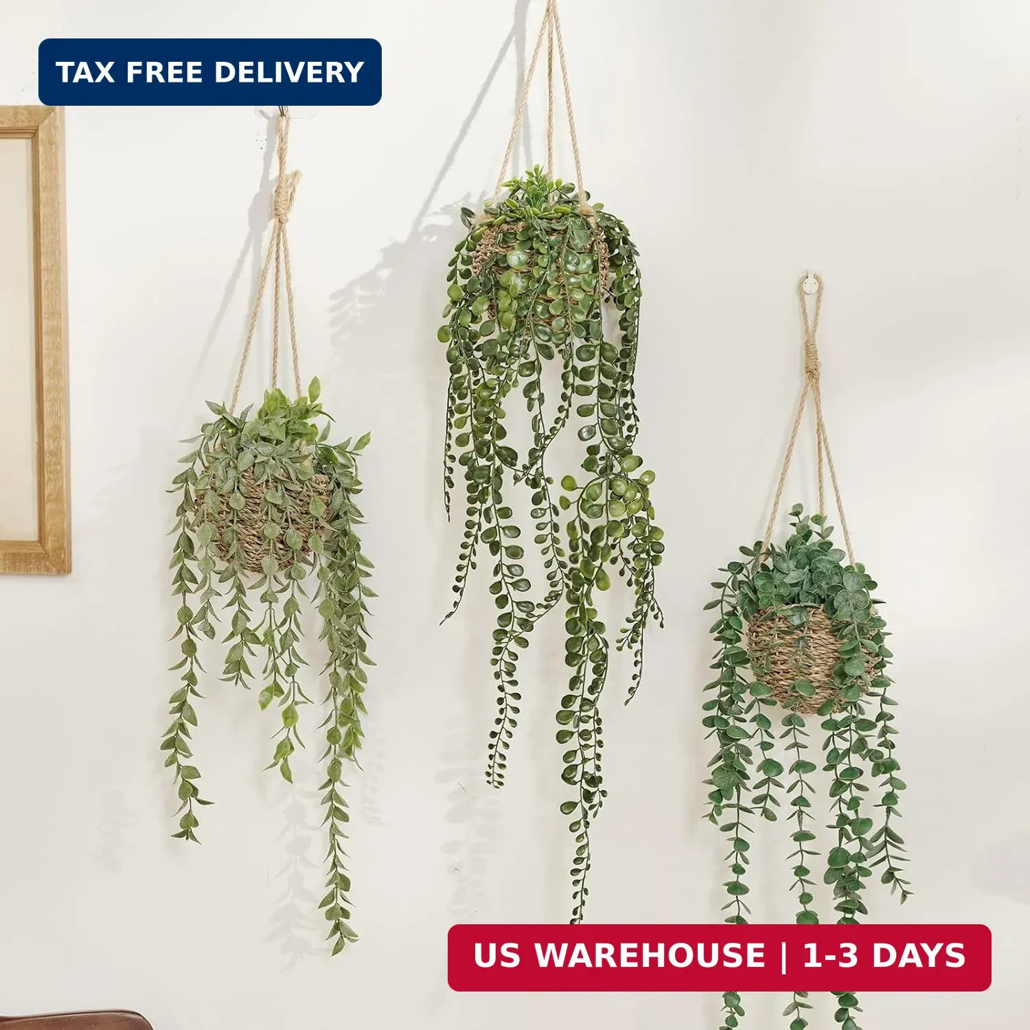 3 Pack Mini Artificial Hanging Greenary Fake Hanging Plants in Basket for Wall L