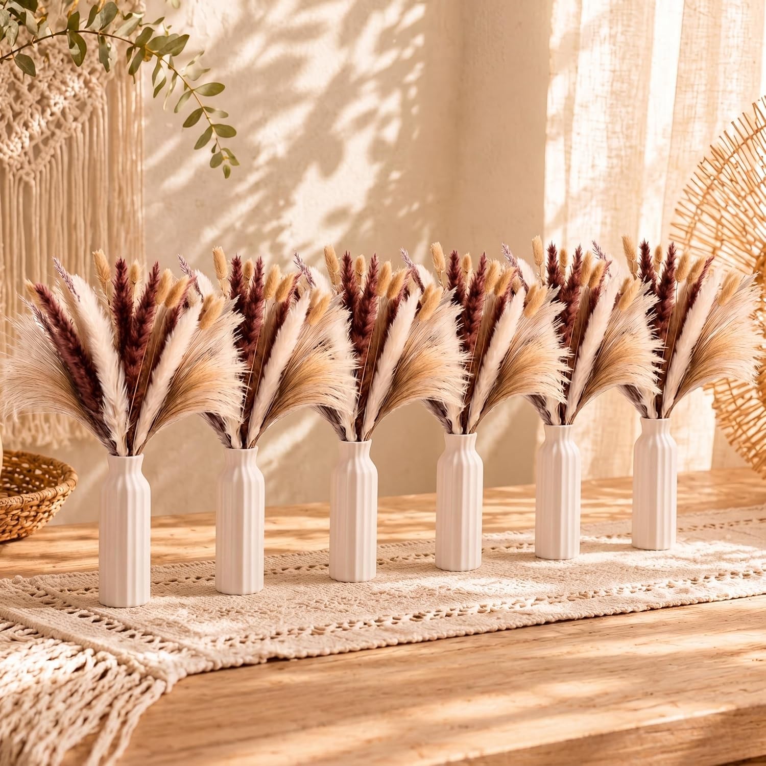 6 Set White Ceramic Vases Set W/ Dried Pampas Grass Bouquets Boho Table