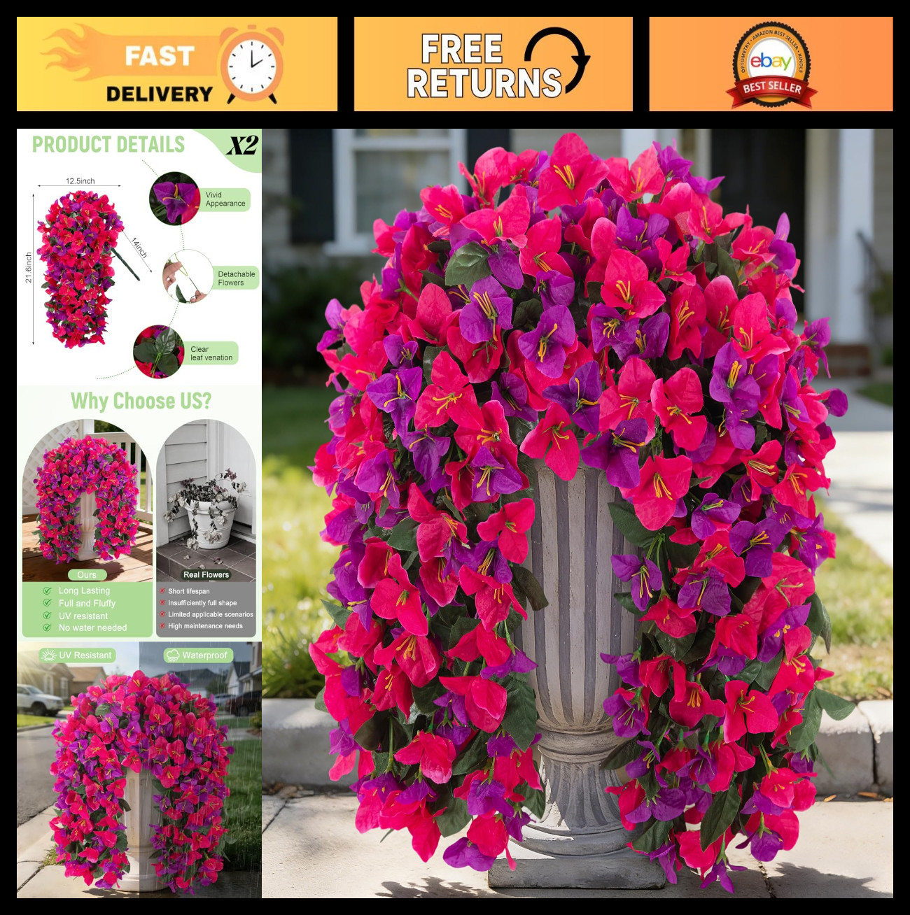 2 PCS UV Resistant Faux Bougainvillea Hanging Flowers – Silk Plants for Outdoor