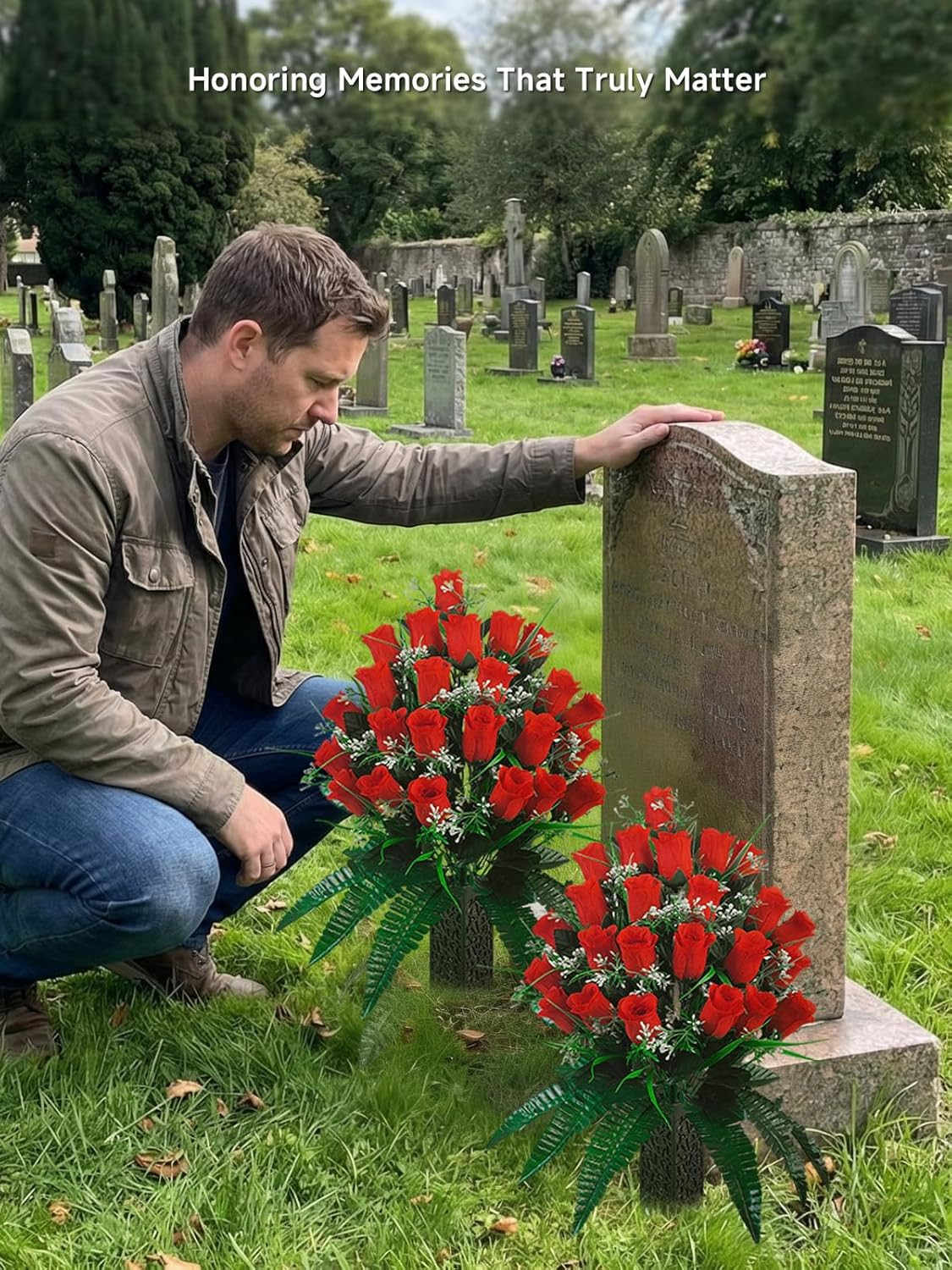Set of 2 Cemetery Flowers for Grave with Spiked Vases, 24-Stem Red Artificial Ro