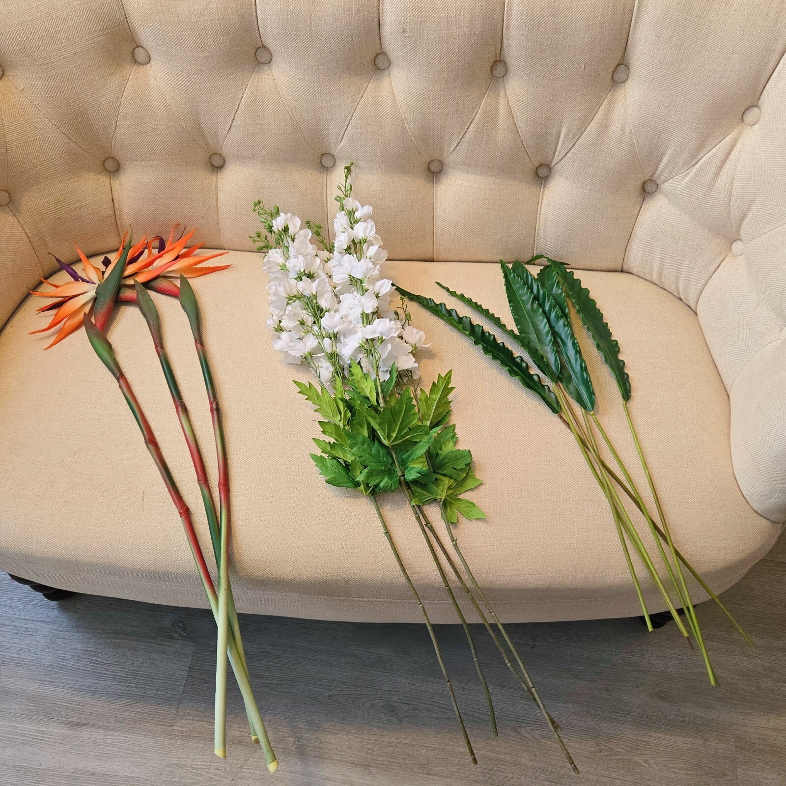 12-Stem Artificial Flower Set ?Bird of Paradise,Bird?s Nest Fern and Delphinium