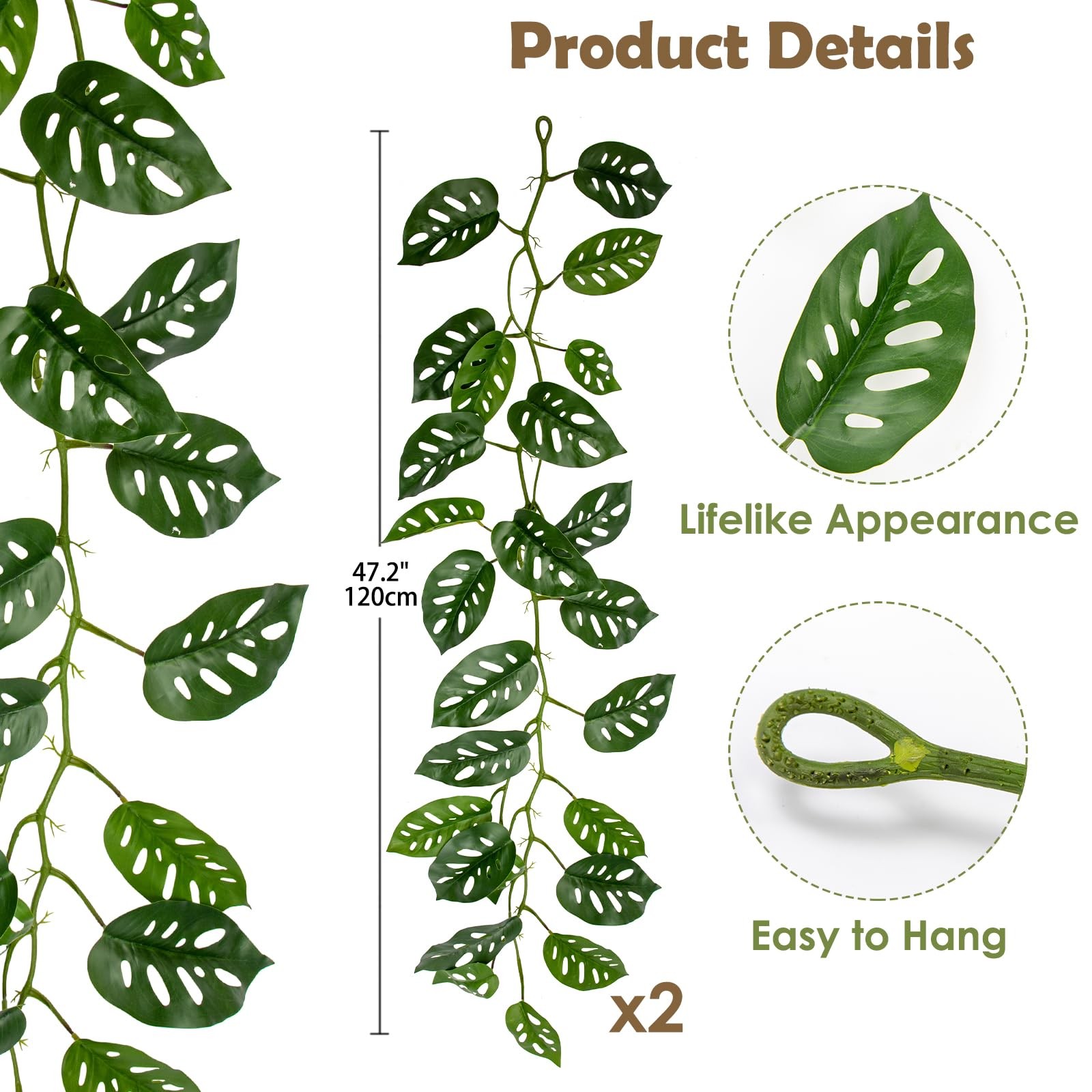 2Pcs Artificial Monstera Leaves Vines 4ft Fake Hanging Plant Ivy Vines Greene…
