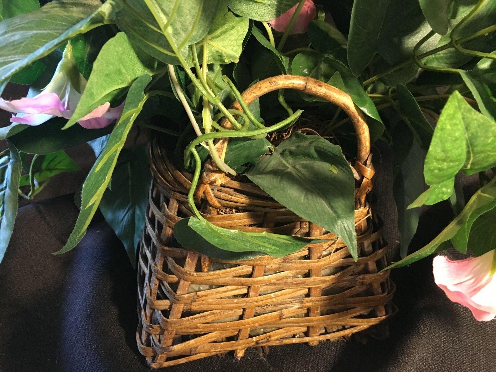 Faux Silk Pink Petunia Greenery In Brown Wicker Basket