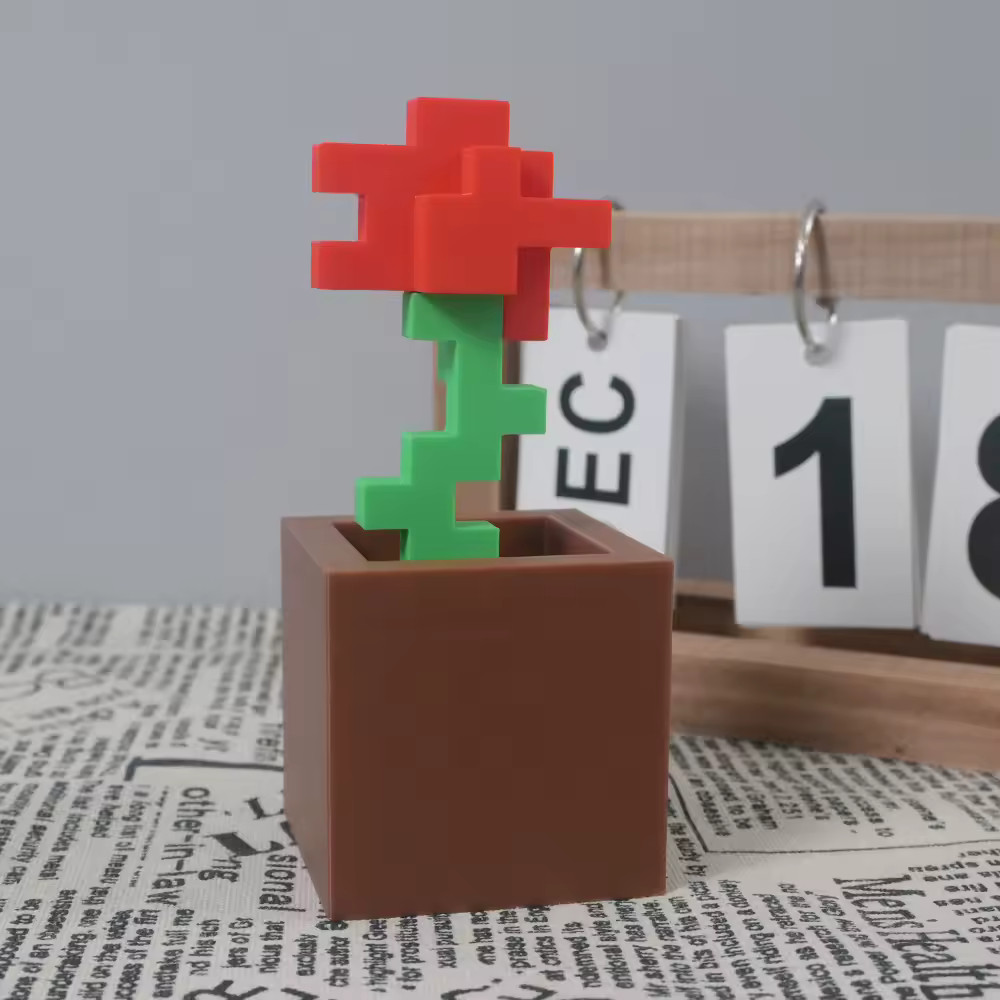 Pixel Rose Flower Ornament 3D Printed Unique Plastic Desktop Decoration Gift