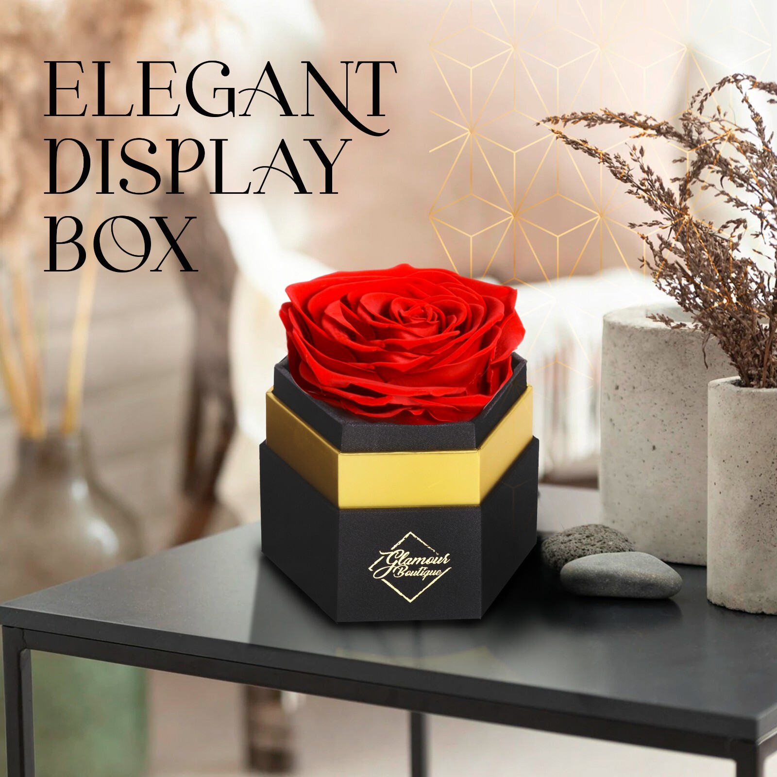 Glamour Boutique Hexagon Single Forever Real Rose – Preserved Roses in a Box