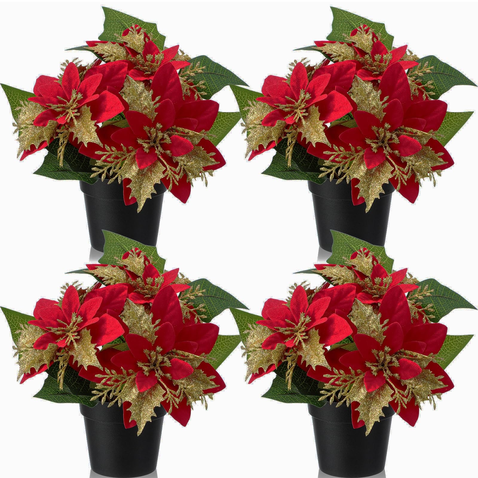 4 Pack Mini Artificial Poinsettias Pots 9 Inch Faux Red Glitter Plants Decor