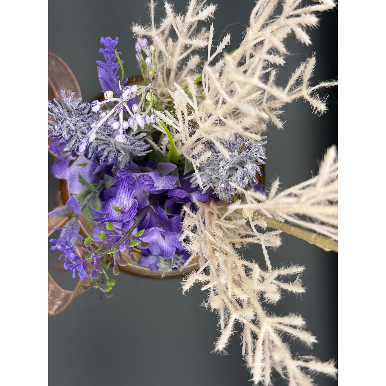 Faux Purple Lavender Arrangement in an Amber Arkansas Glass Container Corp Vase