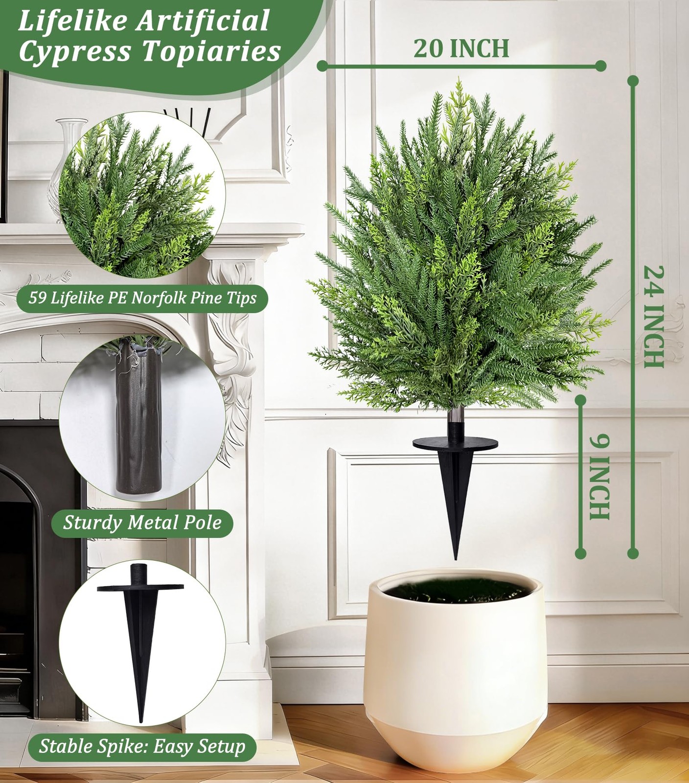 2 Pack Artificial Cypress Topiary Ball Trees with Ground Spike, 24″ Norfolk F…