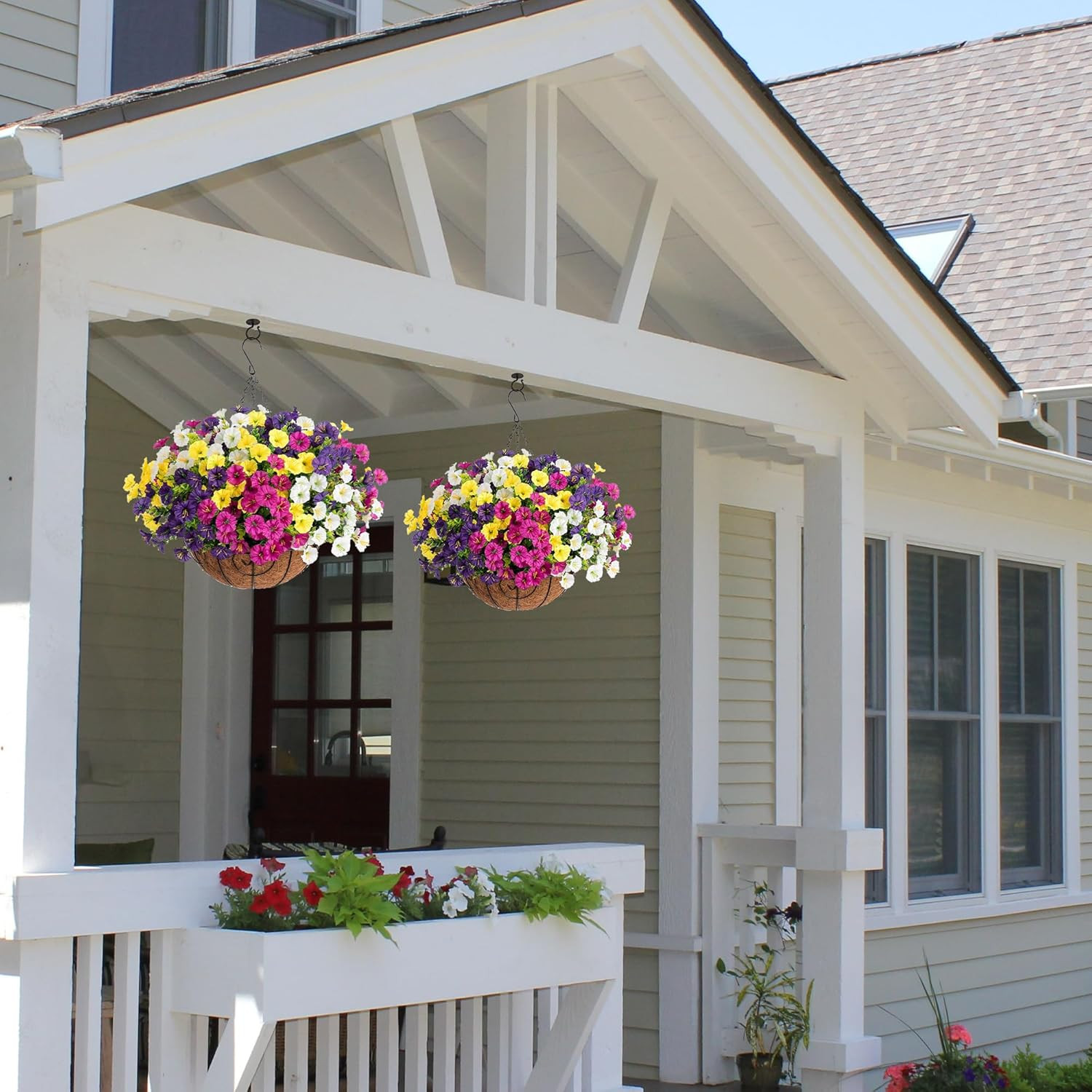 Artificial Hanging Flowers Faux Plants Basket for Outdoors Spring Decor, Fake Si