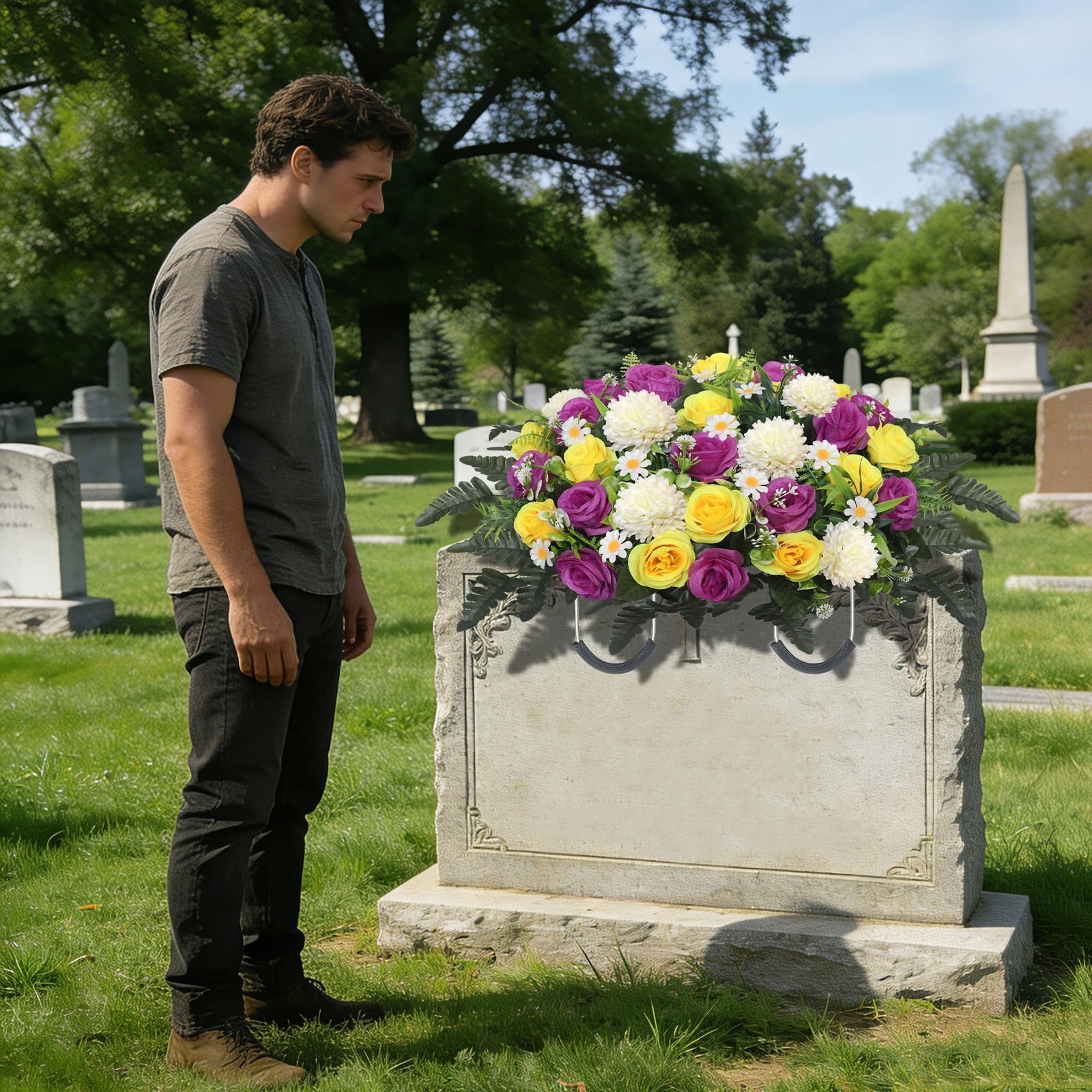 Headstone Flower Saddle,Large Artificial Cemetery Flowers for Grave Roses & C…