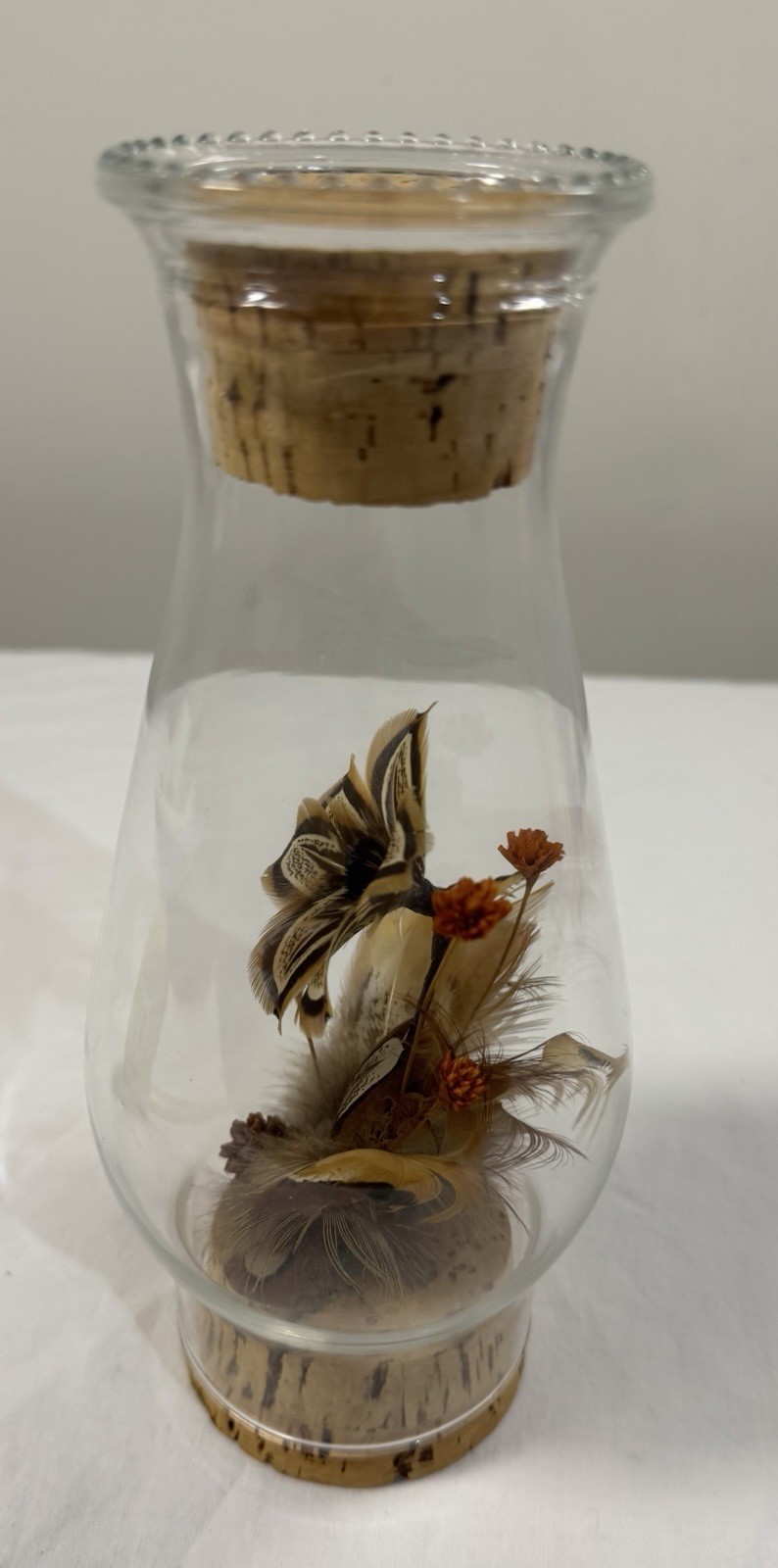 Vintage Dried Flowers Pheasant Feathers Vase Display Cork Cottagecore Decor