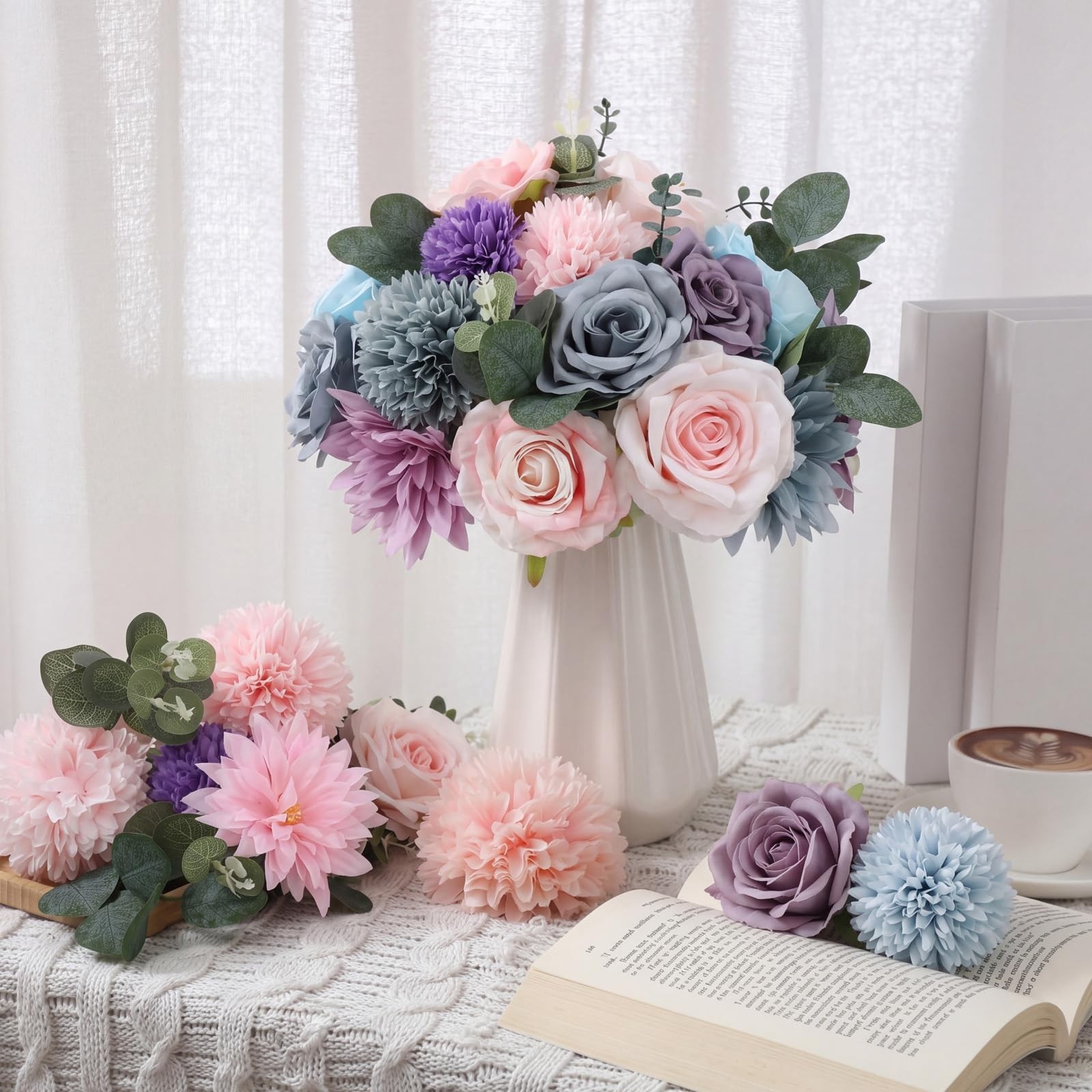 98 Pcs Artificial Flowers Bouquet Assorted Faux Flowers Heads with Stem Eucal…