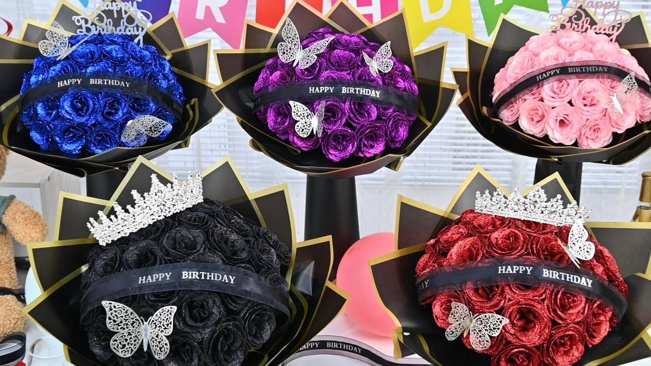 DIY Glitter Rose Bouquet 36 Pink Fake Flowers Wrapping Paper Ribbon Birthday