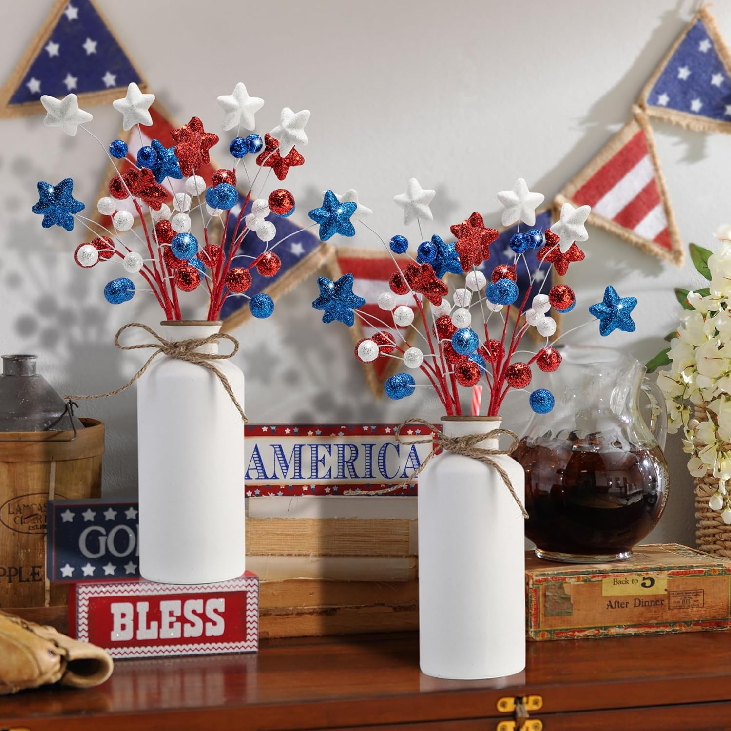 8 Pack 15″ Large Patriotic Glitter Ball Centerpiece Stems, Independence Day Arti