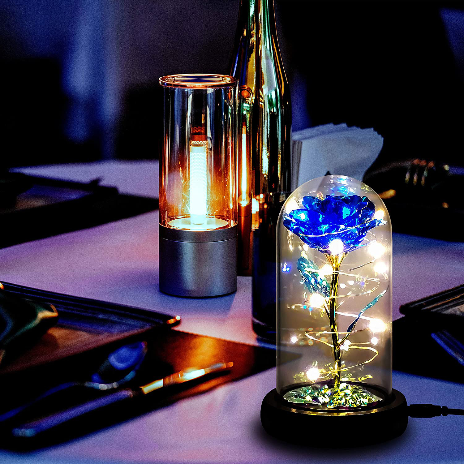 Blue Colorful Artificial Flower Rose Gift, Light up in Glass Dome, Women Gifts
