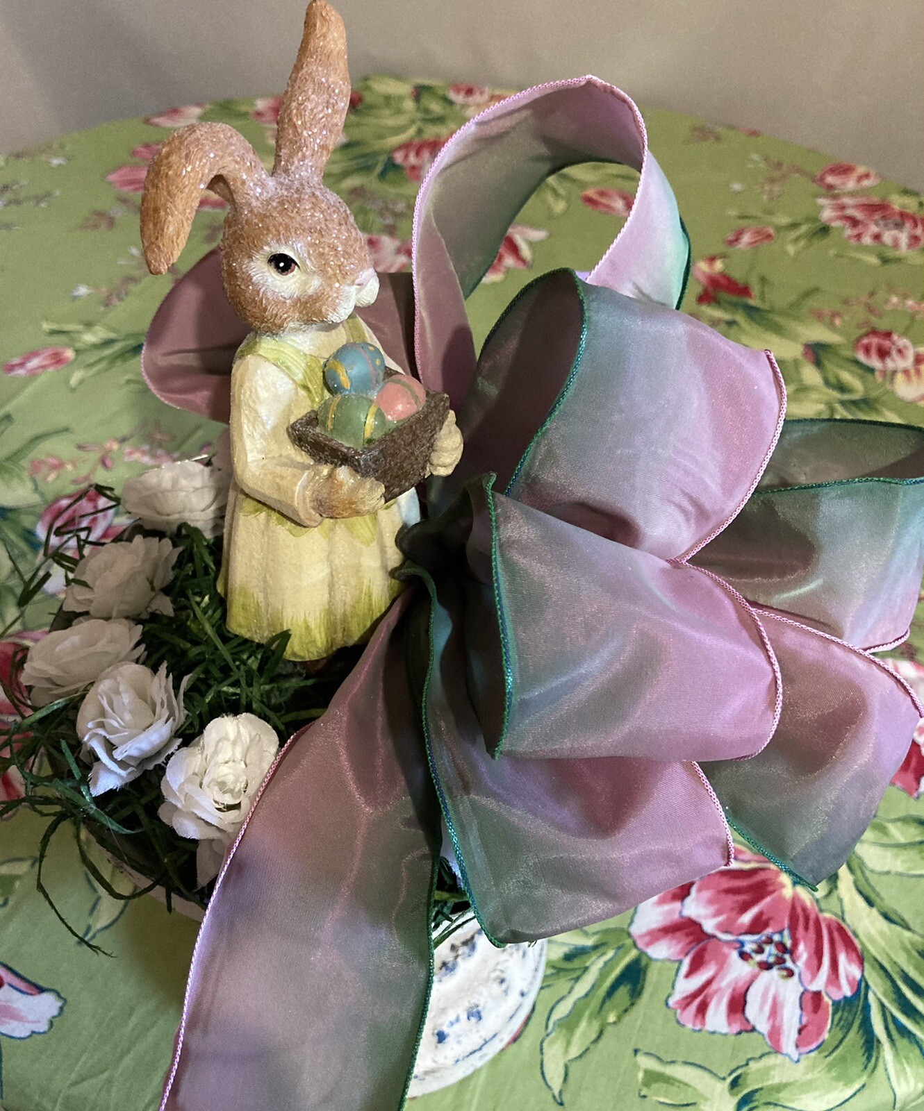 Mother Bunny Collecting Easter Eggs in Large Urn