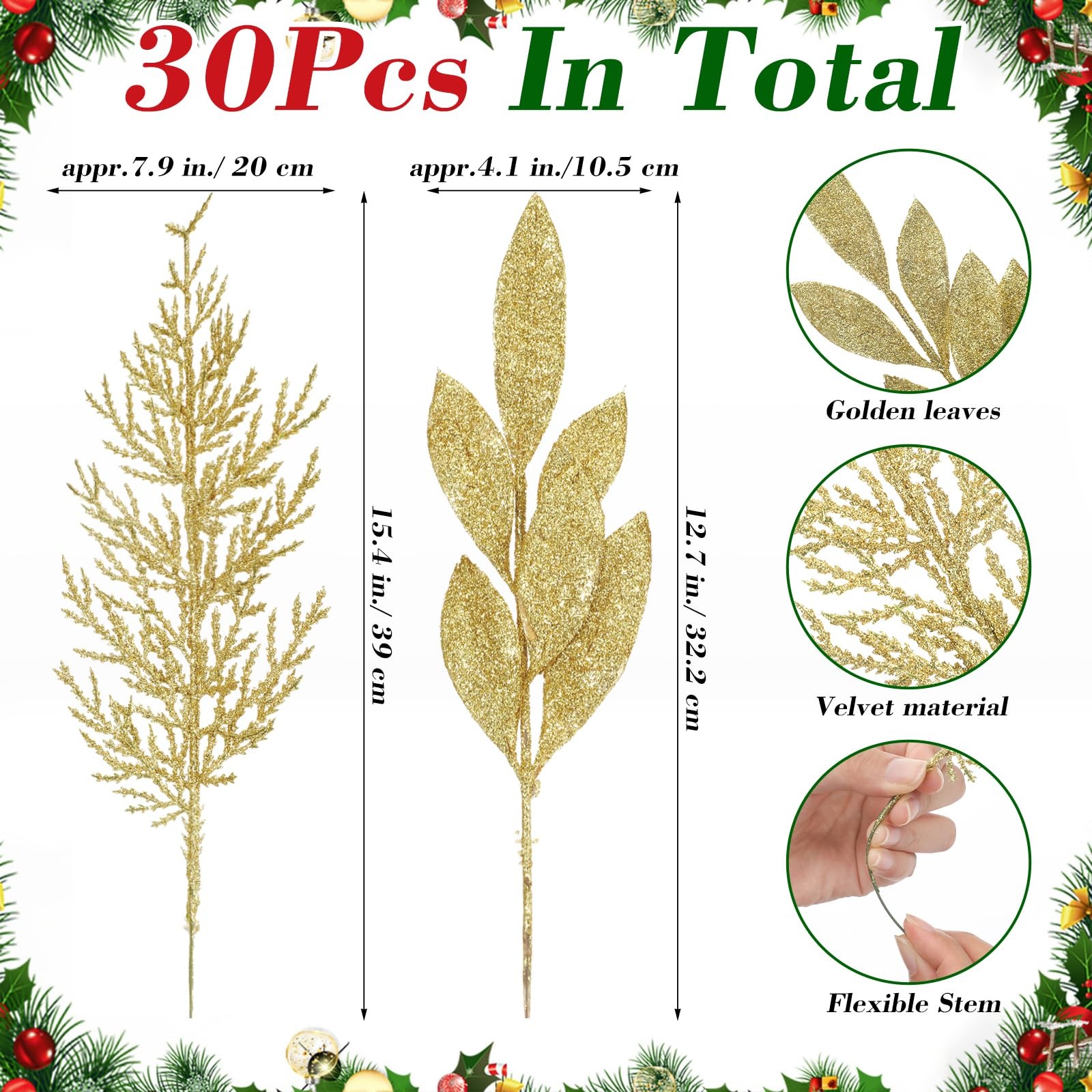 30pcs Gold Christmas Picks Glitter Bay Leaf Ornaments Velvet Gold Glittered C…