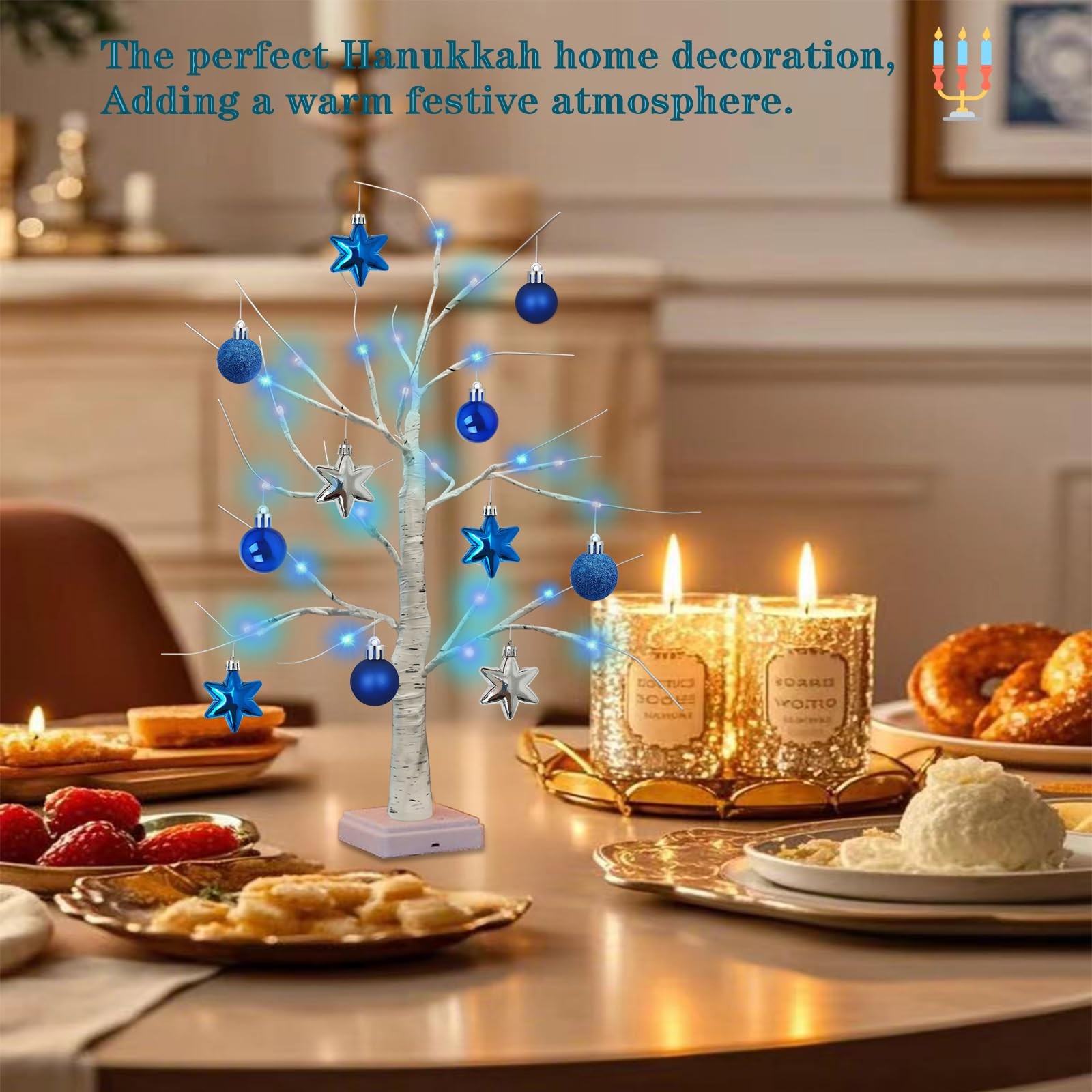 24 Inch Hanukkah LED Menorah Tree Lights, 24 Blue Star Lights, USB/Battery Op…