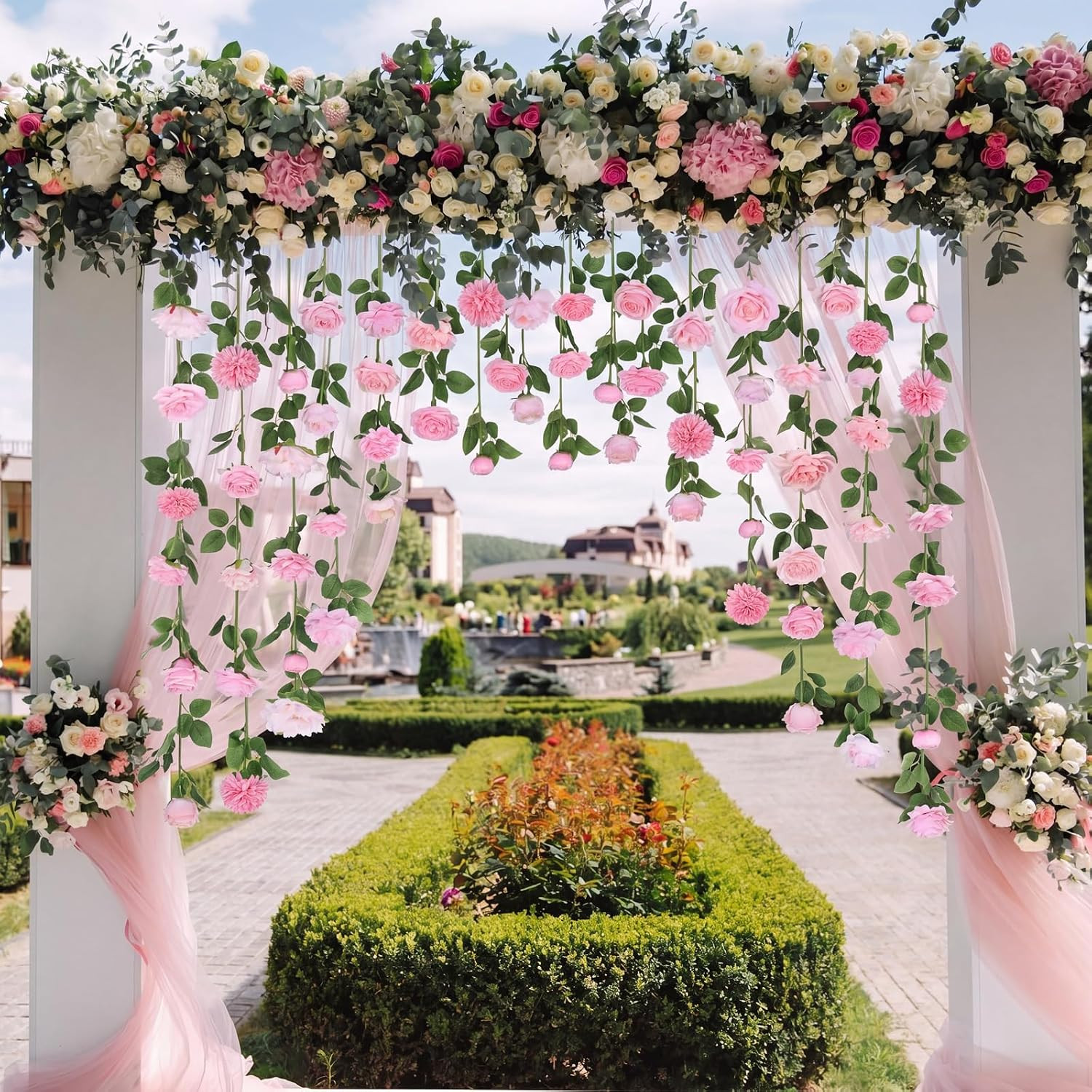 Lyrow 120 Pack Pink Roses Artificial Flowers Bulk Hanging Floating Garland Fake